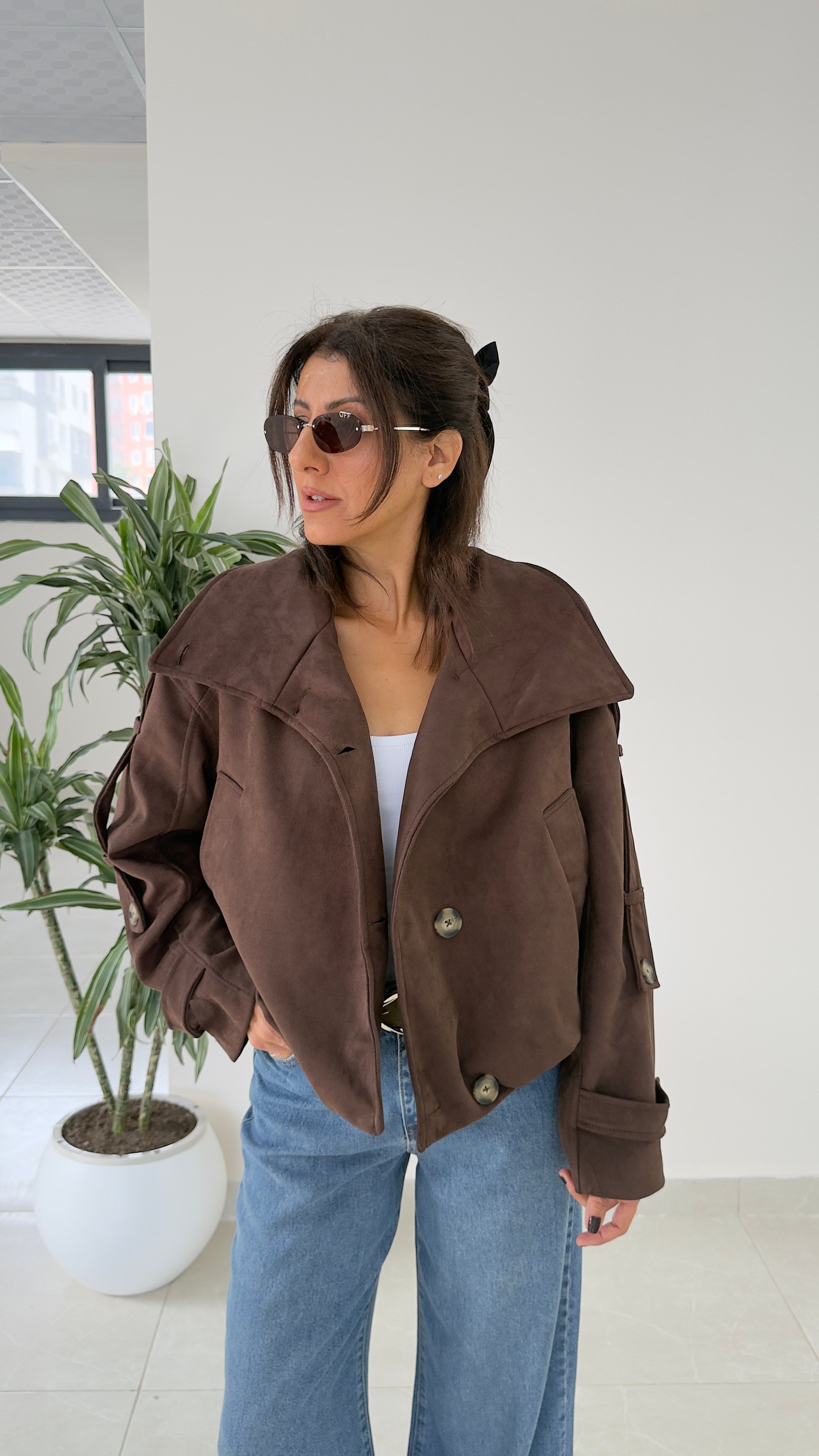 Dik Yaka Süet Oversize Ceket Kahve 