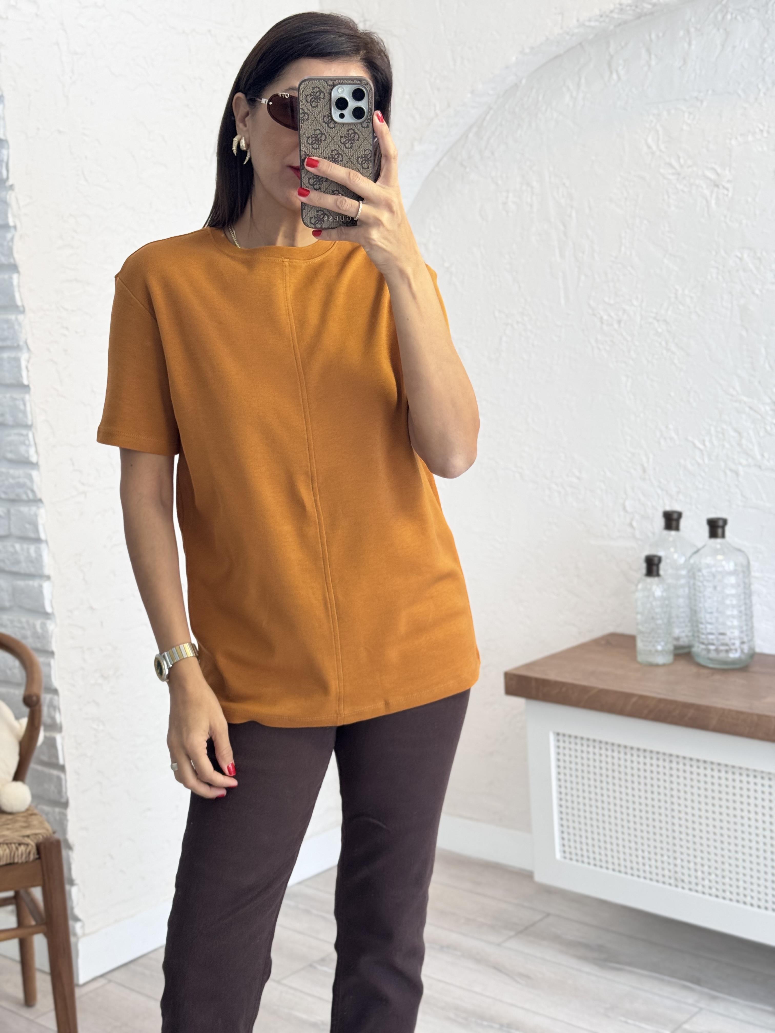 Dikiş Detaylı Tshirt Açık Kiremit