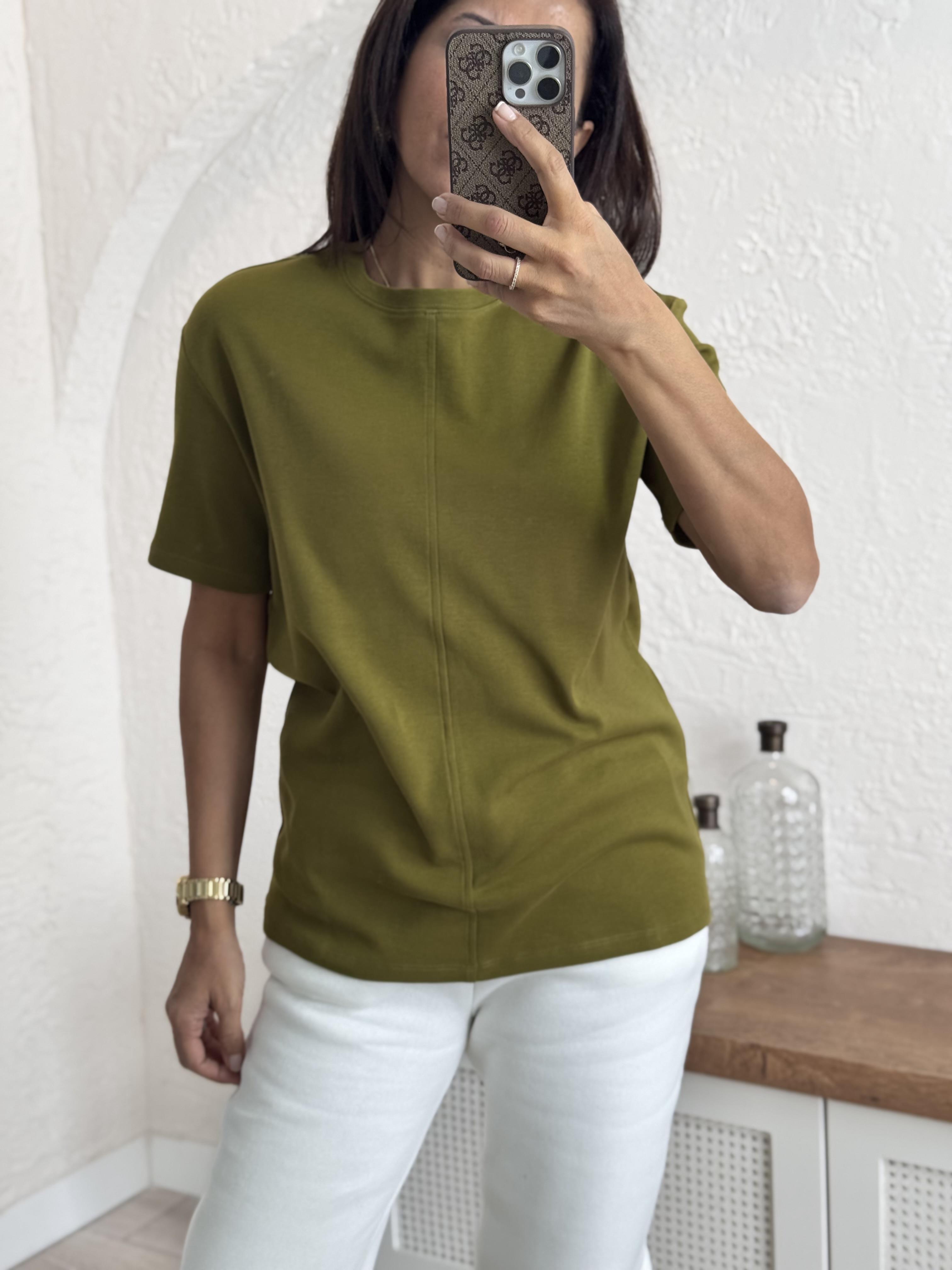Dikiş Detaylı Tshirt Yağ yeşili