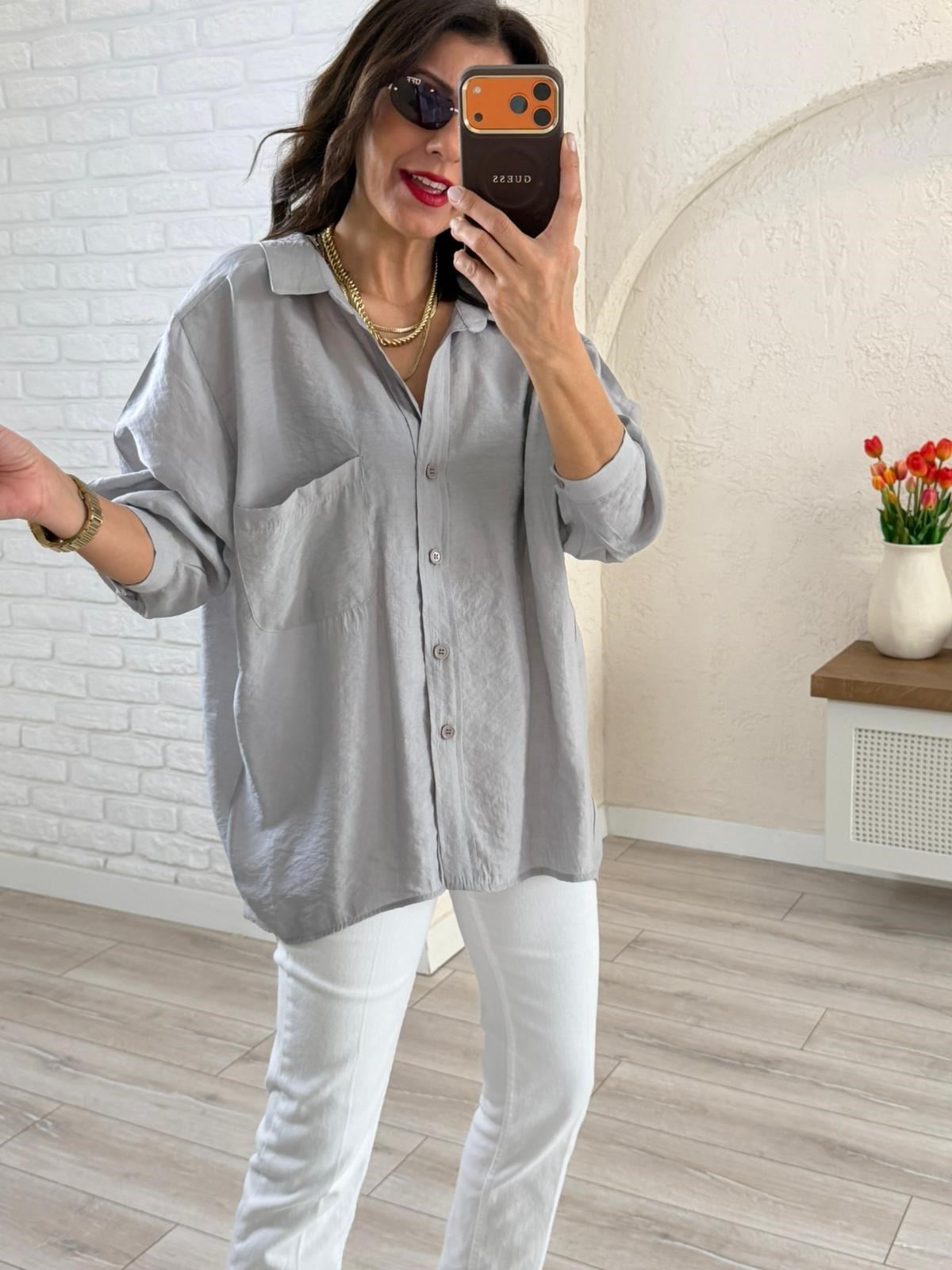 Düşük Omuzlu Oversize Gömlek Açık Gri 