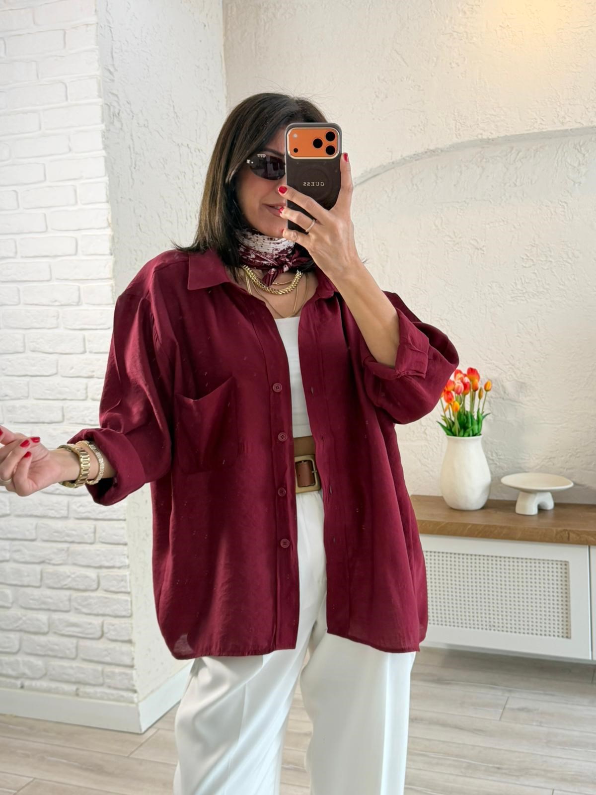 Düşük Omuzlu Oversize Gömlek Bordo