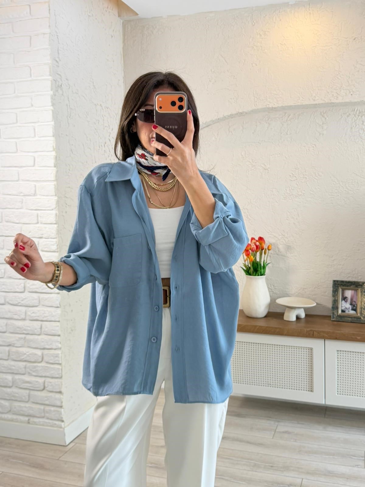 Düşük Omuzlu Oversize Gömlek İndigo