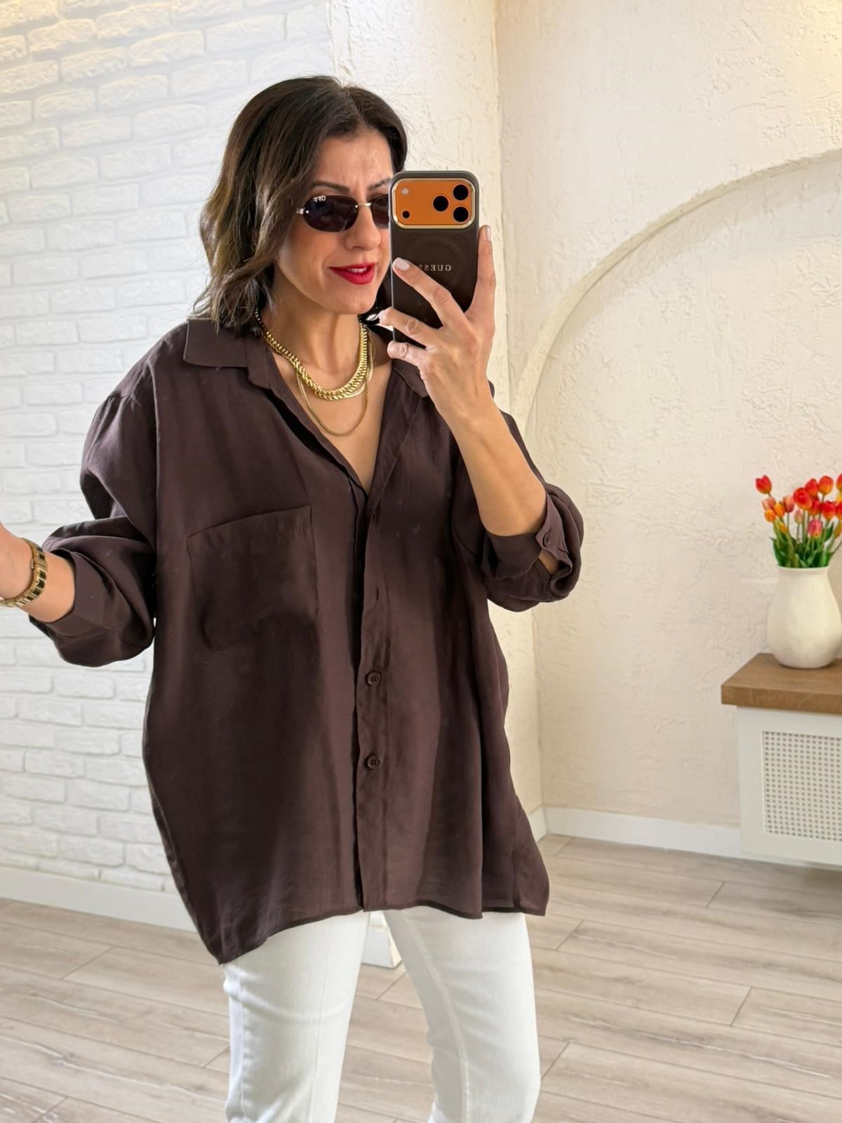 Düşük Omuzlu Oversize Gömlek Kahve