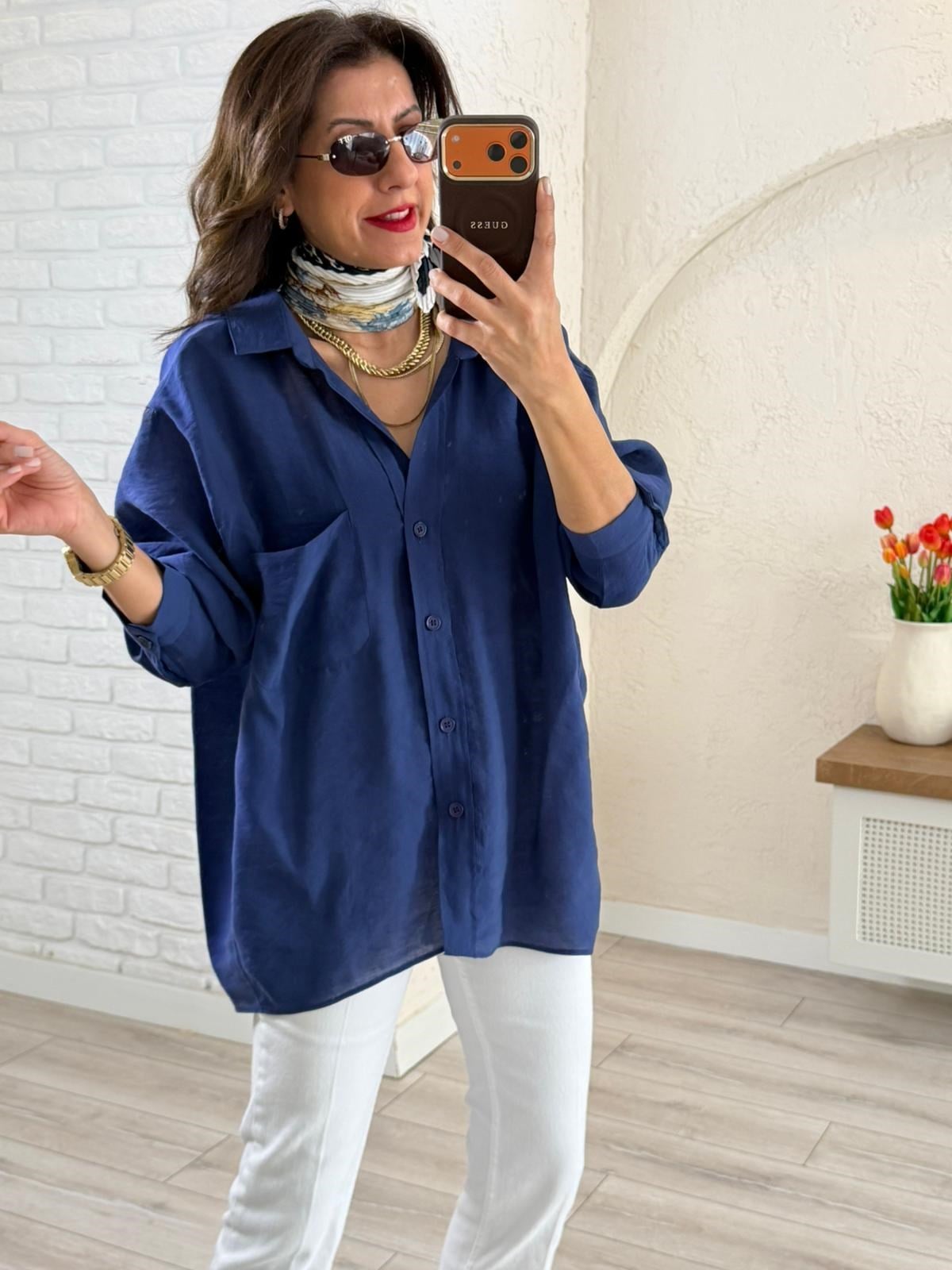 Düşük Omuzlu Oversize Gömlek Lacivert 