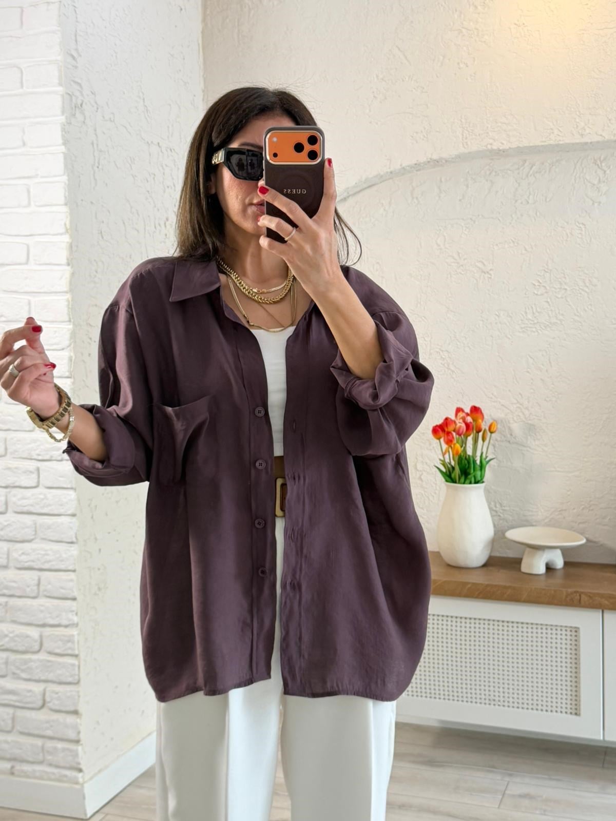 Düşük Omuzlu Oversize Gömlek Mürdüm