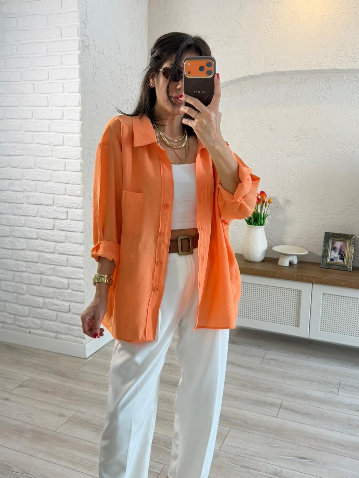 Düşük Omuzlu Oversize Gömlek Orange