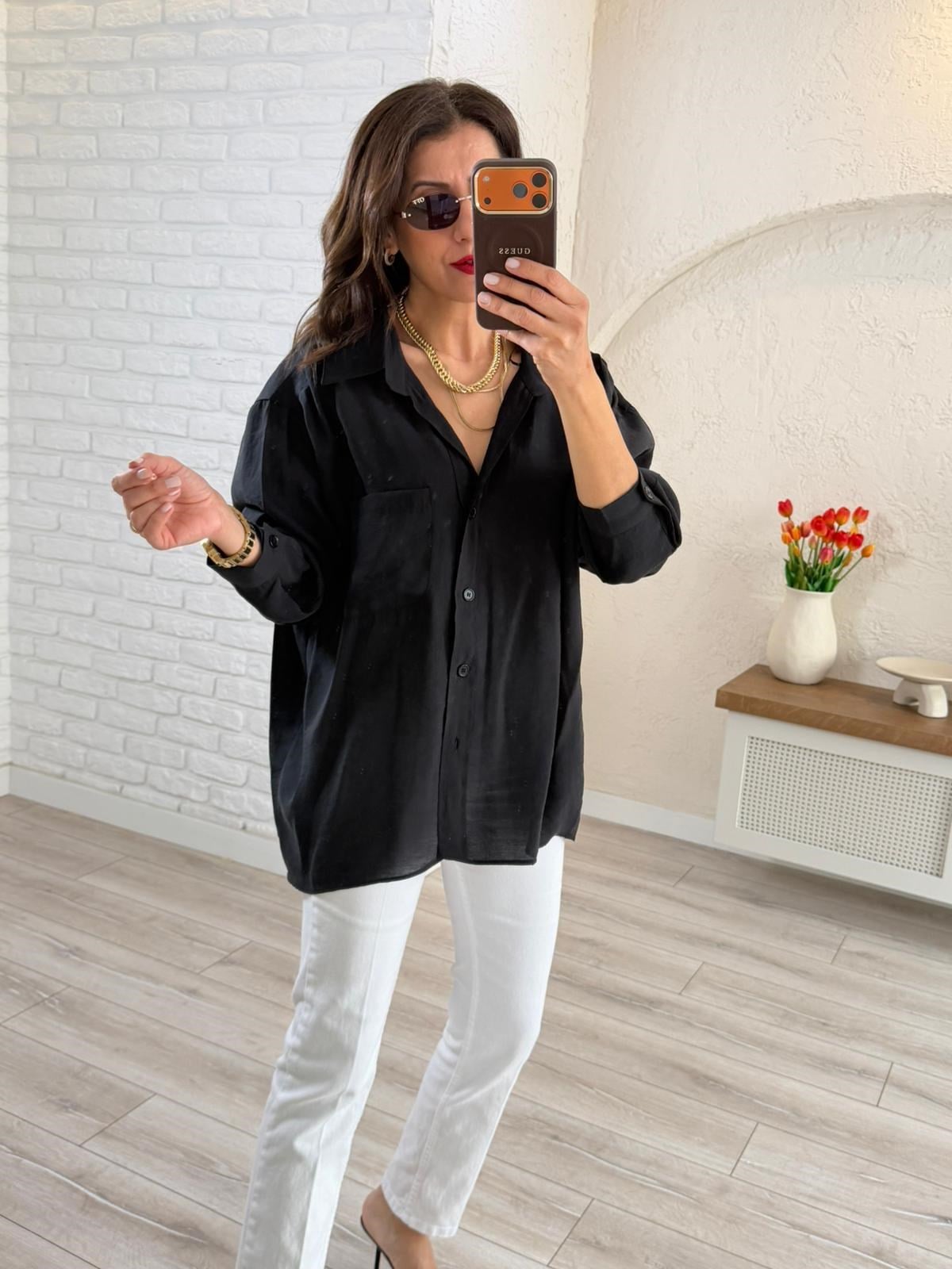 Düşük Omuzlu Oversıze Gömlek Siyah