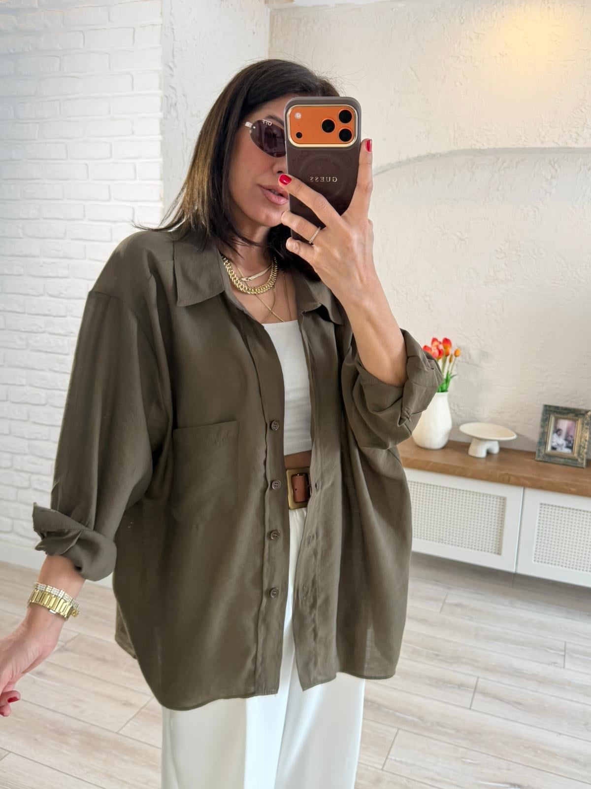 Düşük Omuzlu Oversize Gömlek Vintage Haki