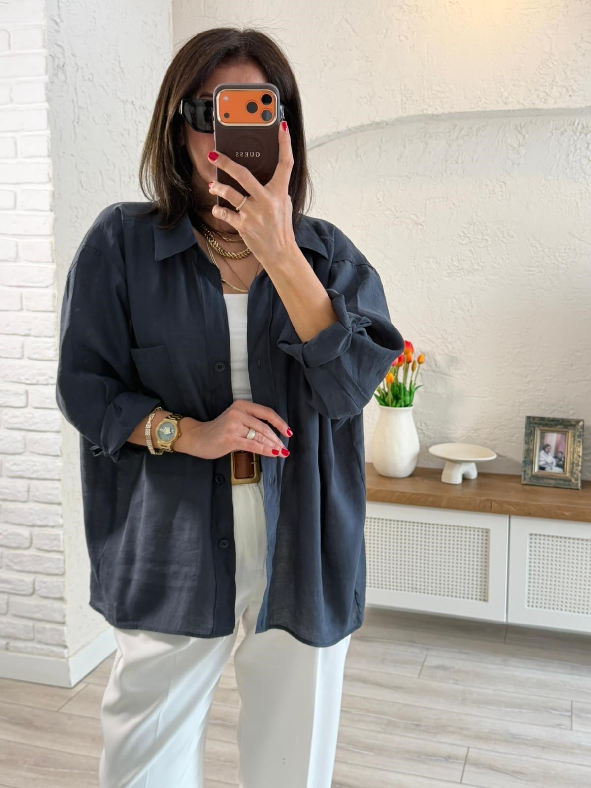 Düşük Omuzlu Oversize Gömlek Vintage Lacivert