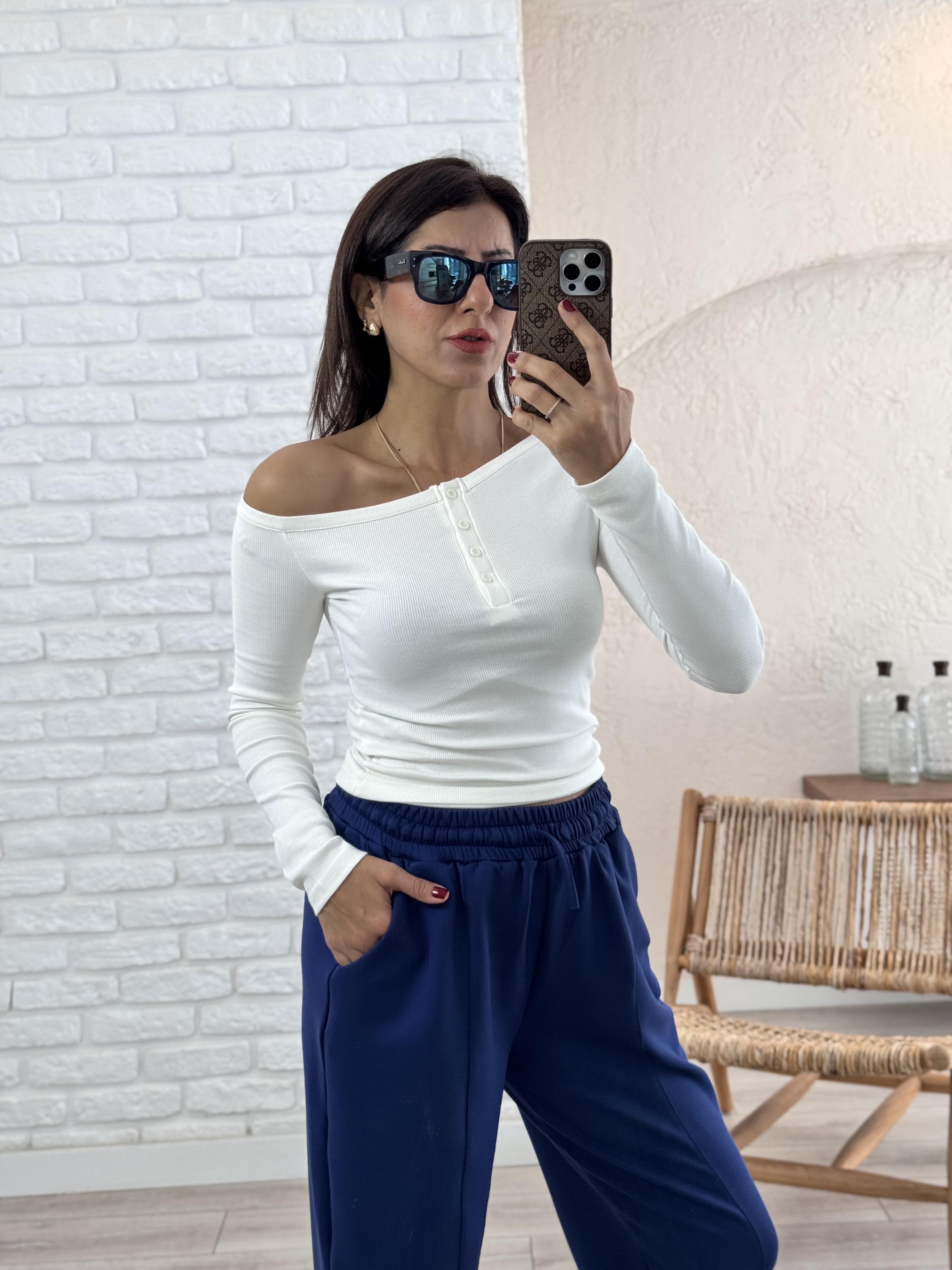 Ekru Kayık yaka Düğmeli Uzun Kol Fitilli Badi
