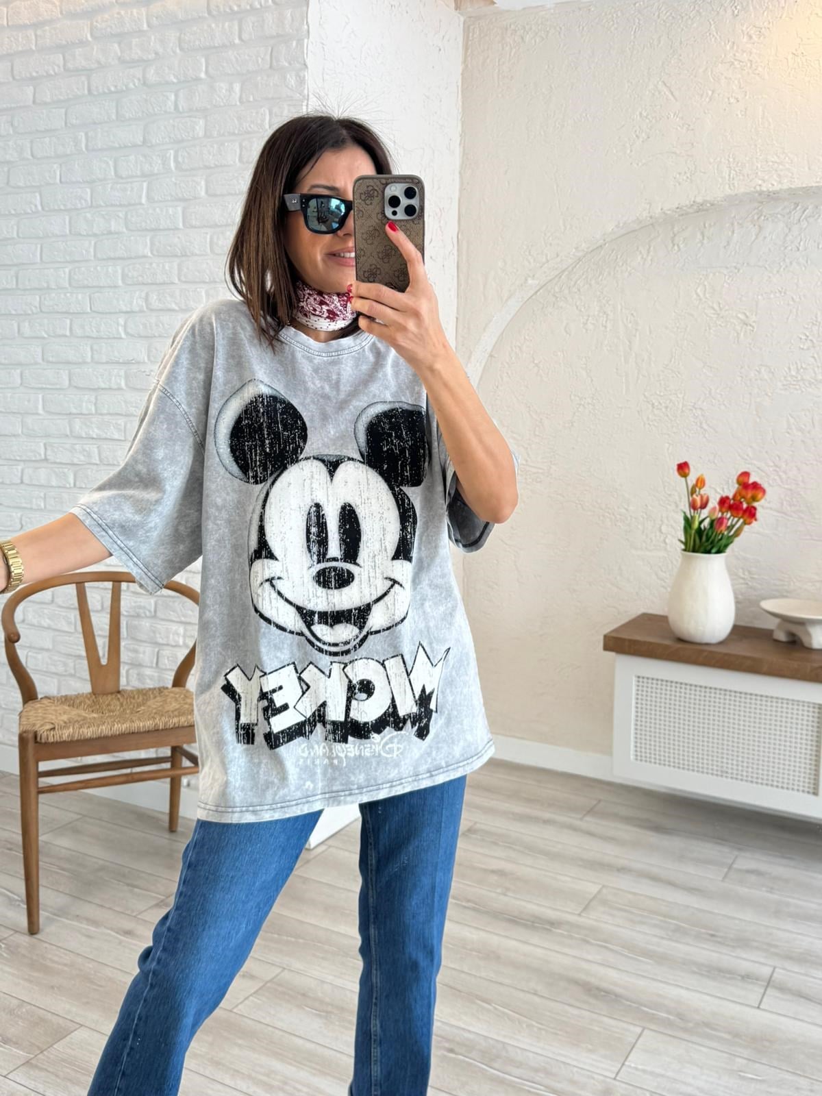 Eskitme Miki Baskılı Oversize Tişört 