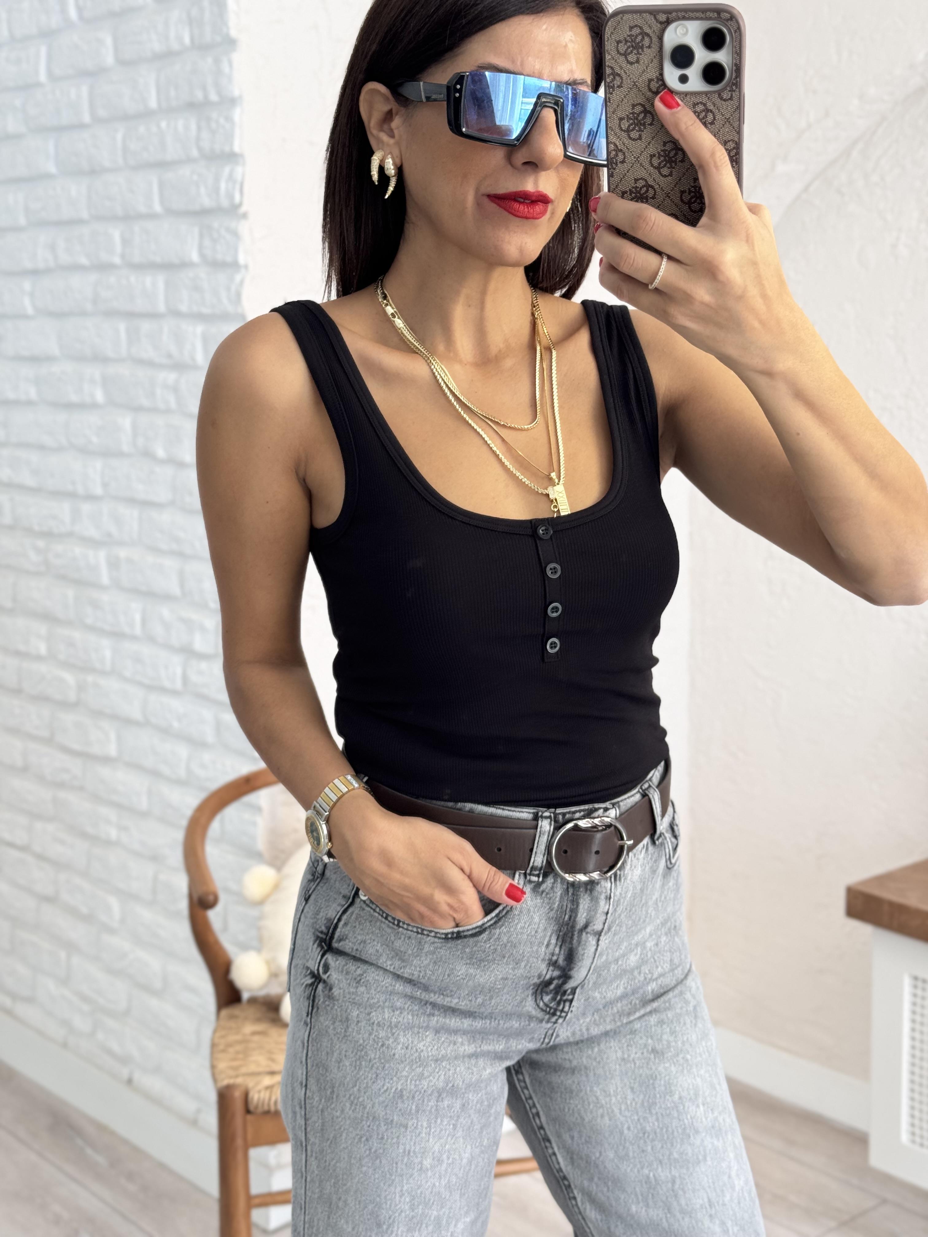 Fitilli Ön düğmeli Atlet  Siyah