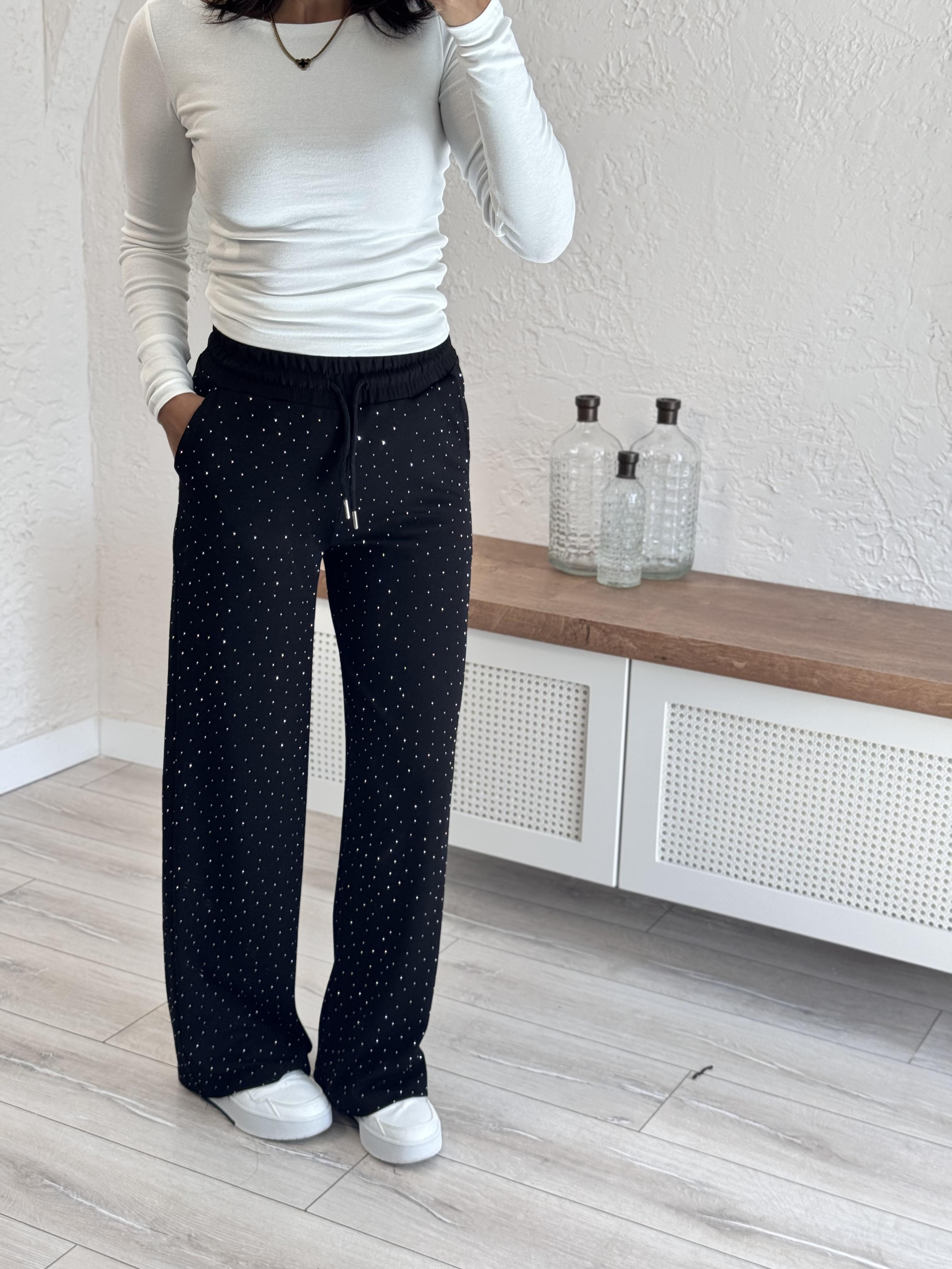 Ful Taşlı Bol Paça Eşofman Siyah