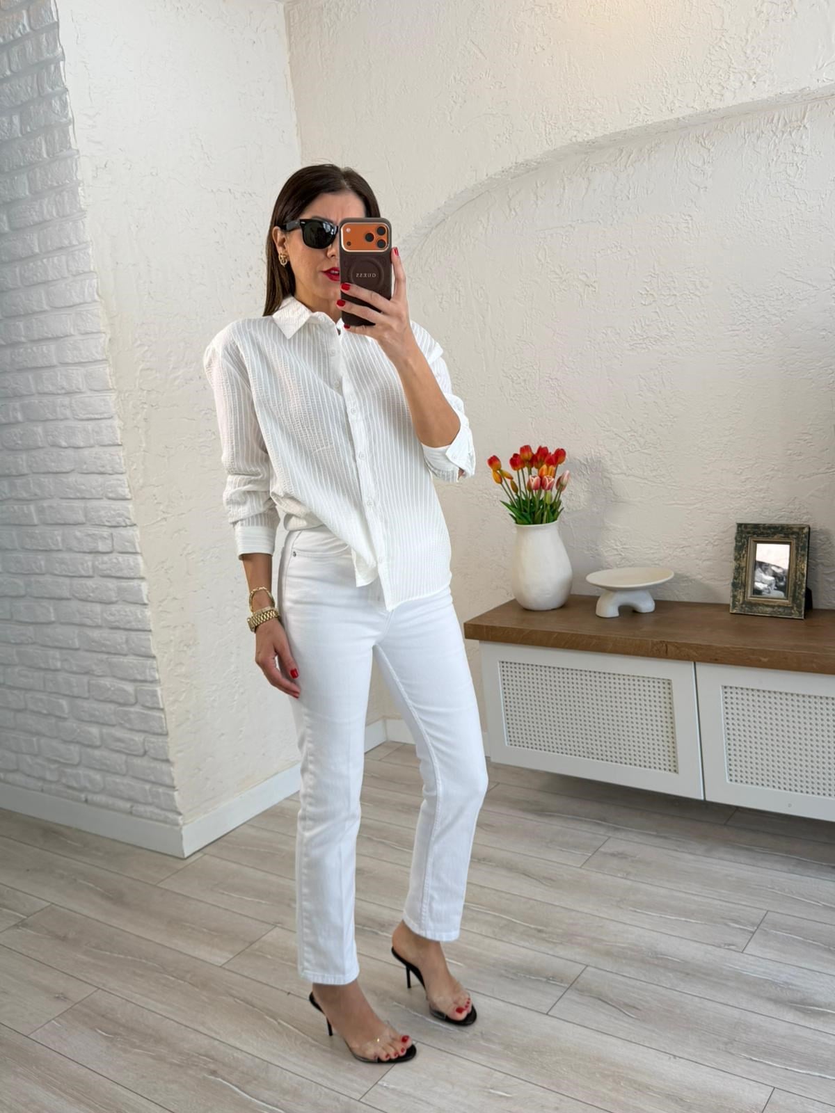 Gofre Kumaş Çizgili Gömlek Ekru