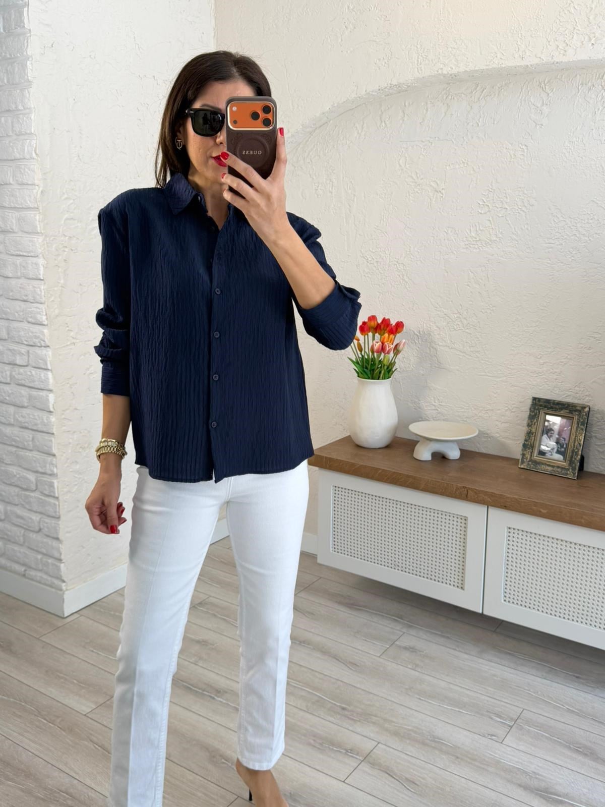 Gofre Kumaş Çizgili Gömlek Lacivert