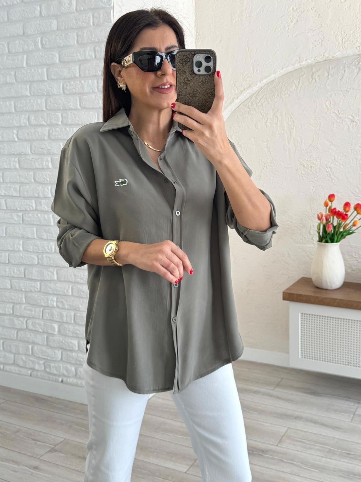 Haki Kupra Uzun Kol Gömlek