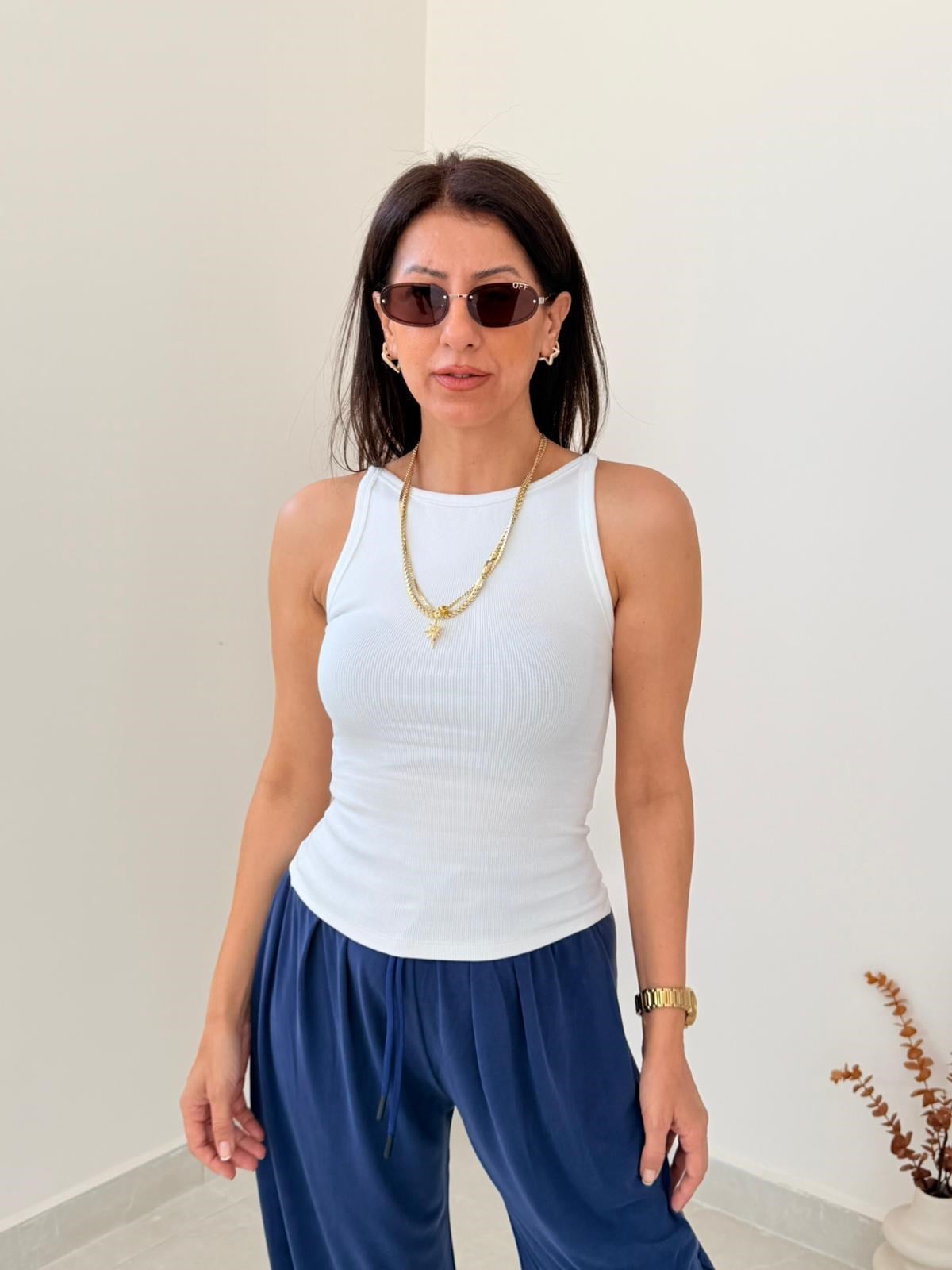 Halter Yaka Fitilli Top Ekru
