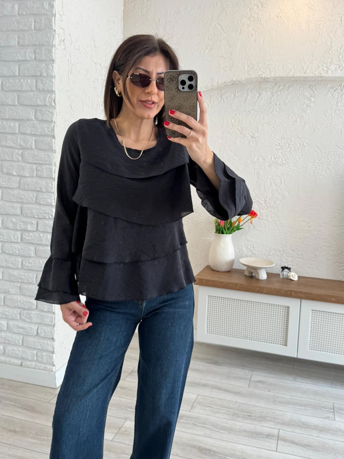 Kadın Kat Kat Volanlı Bluz Siyah