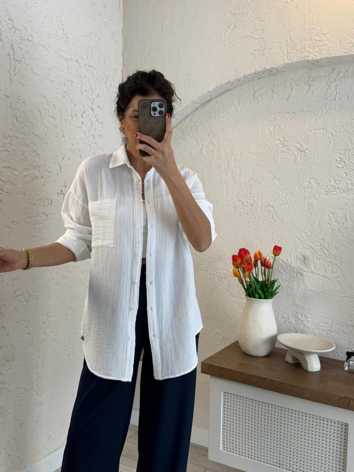 Kadın Oversıze Cepli Müslin Gömlek Ekru