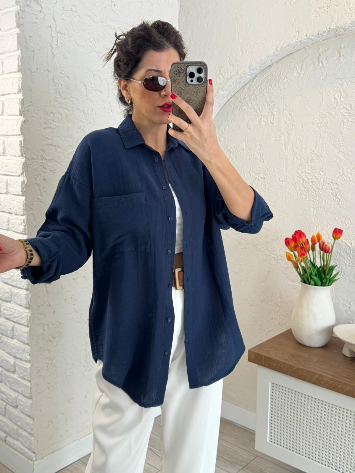 Kadın Oversıze Cepli Müslin Gömlek Lacivert