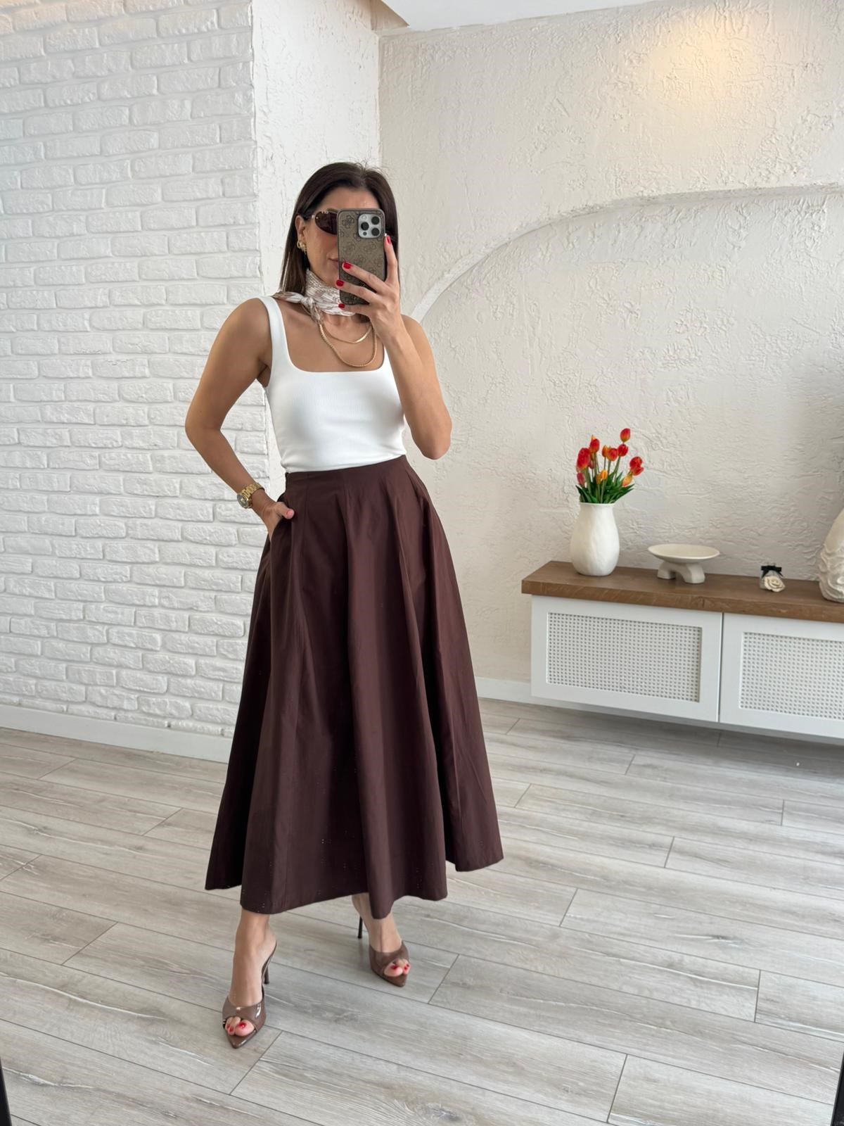 Kadın Pileli Kahve Midi  Etek 