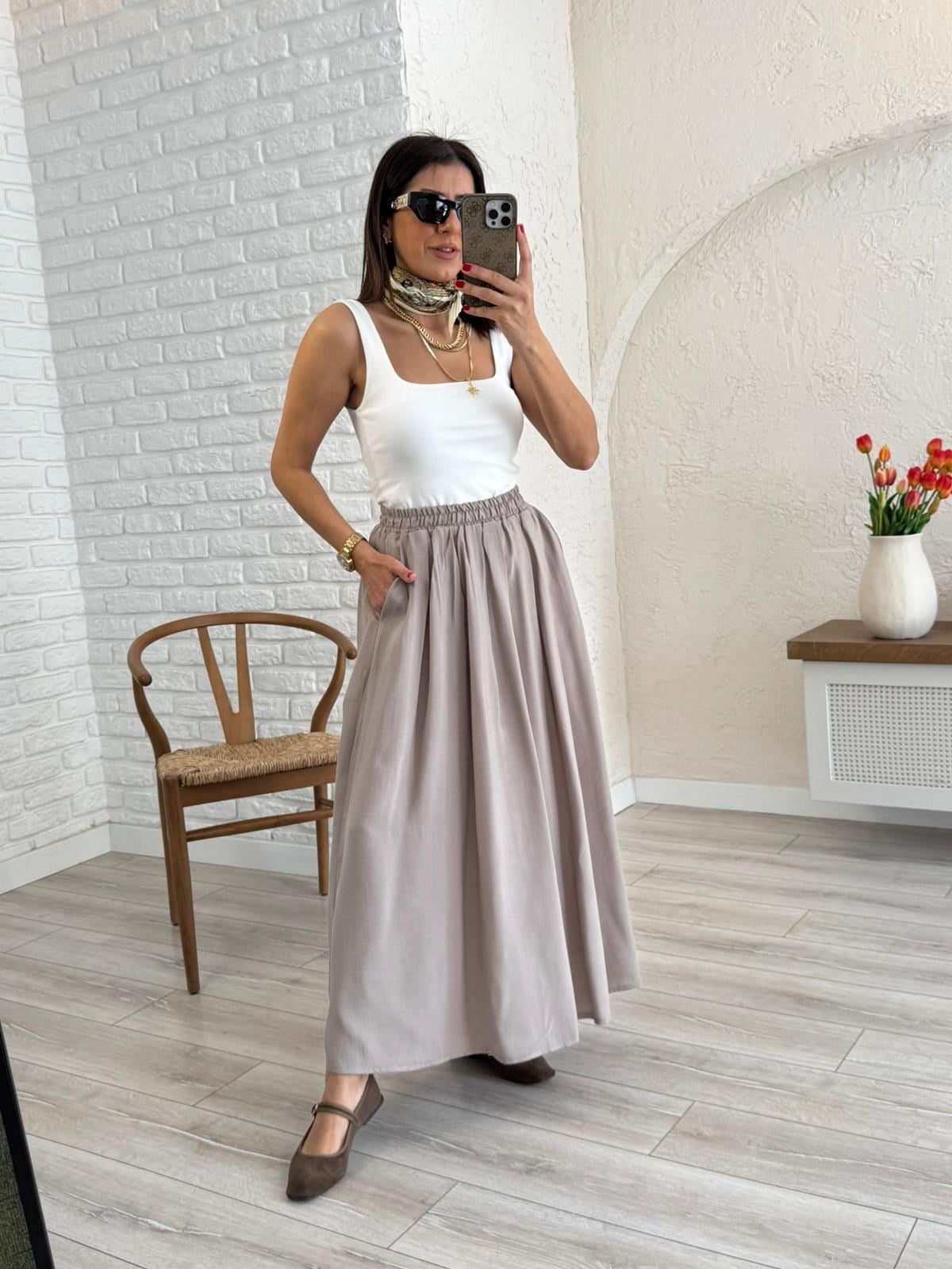 Kadın Yandan Cepli Pileli Etek Taş