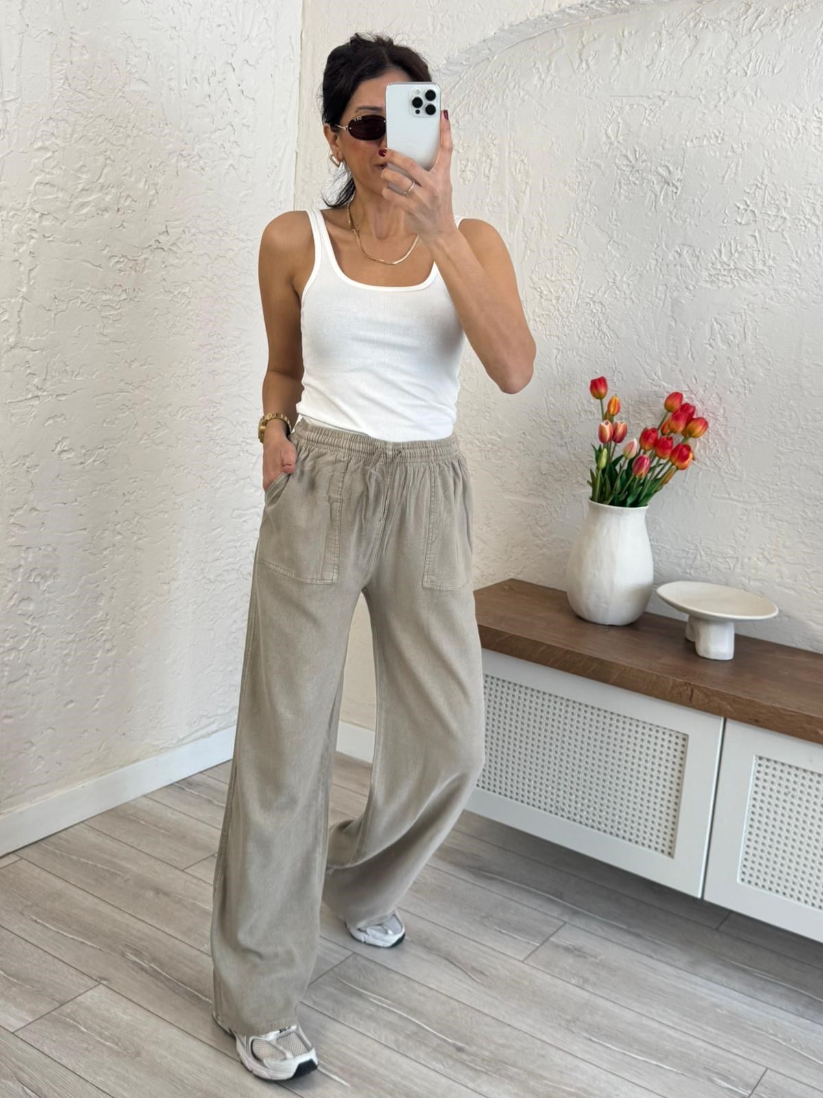 Kadın Yüksek Bel Viskon Palazzo Pantolon Antik Vizon