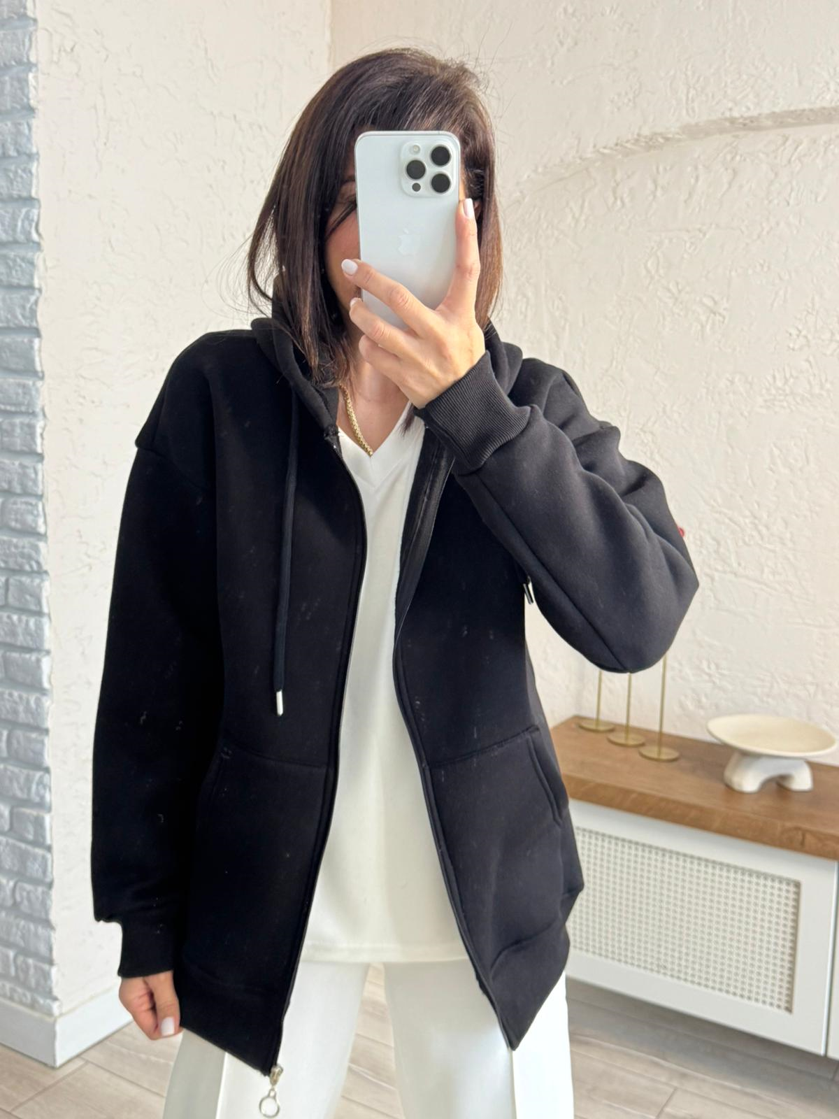 Kapüşonlu Ön Fermuarlı Üç İplik Şardonlu Ceket Siyah