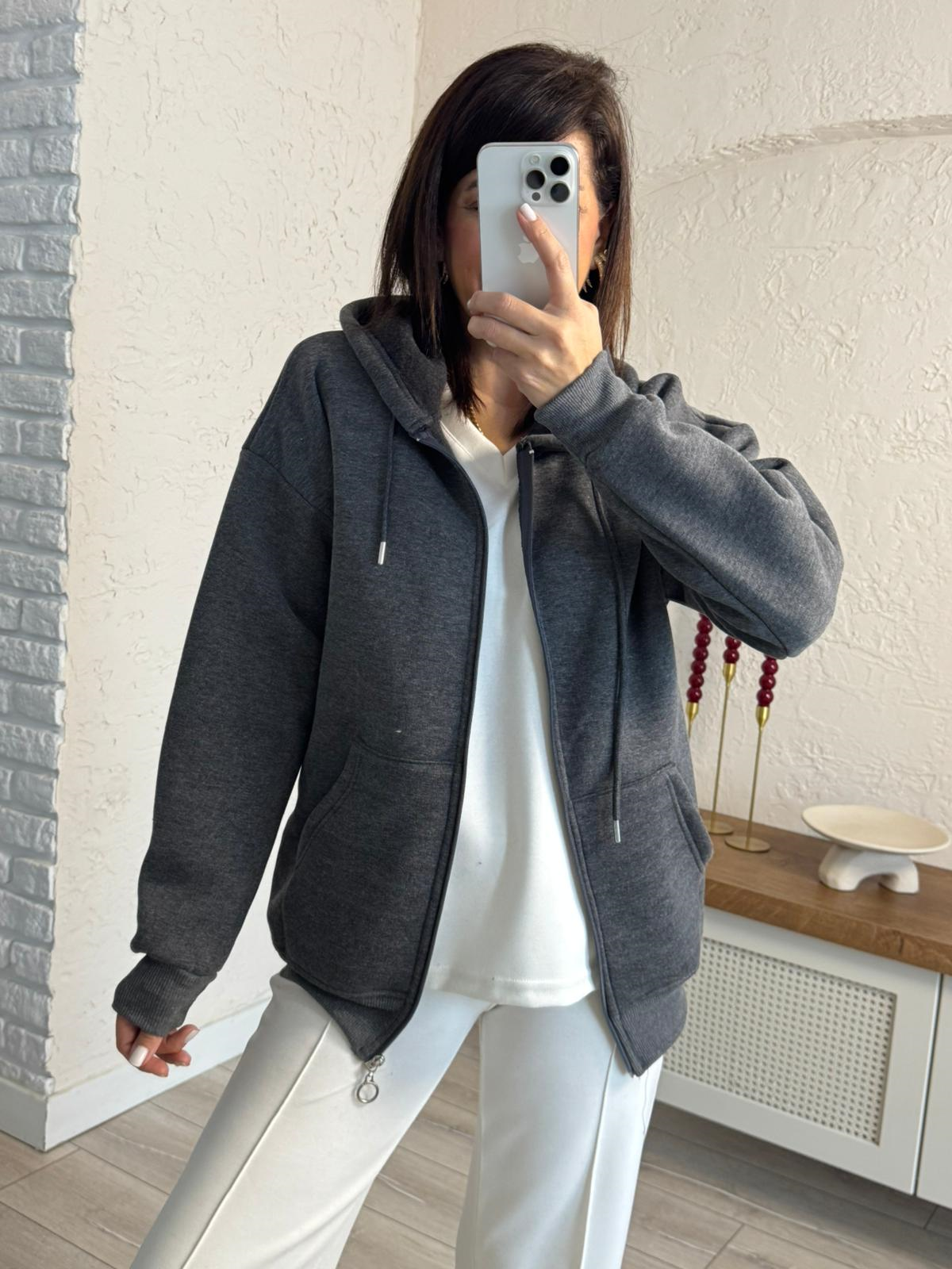 Kapüşonlu Ön Fermuarlı Üç İplik Şardonlu Ceket Koyu Gri