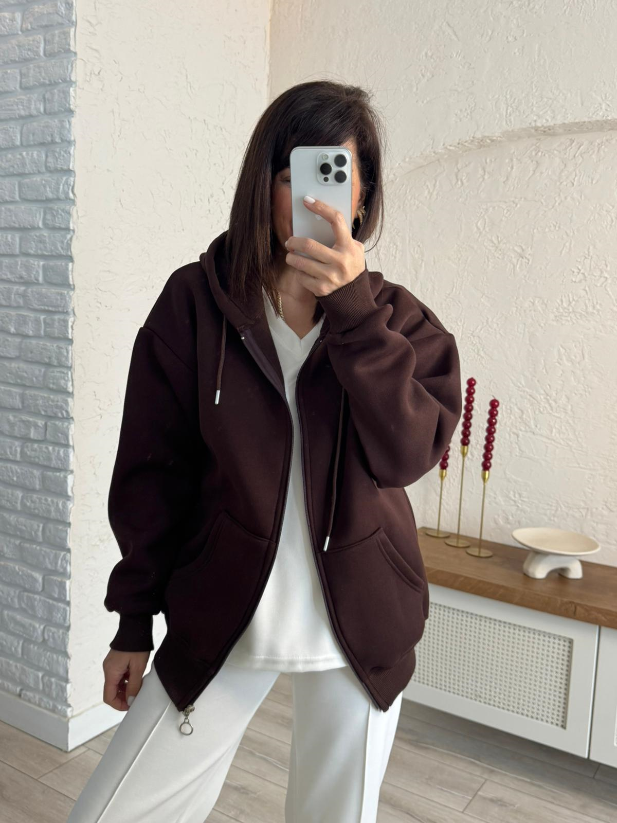 Kapüşonlu Ön Fermuarlı Üç İplik Şardonlu Ceket Kahve