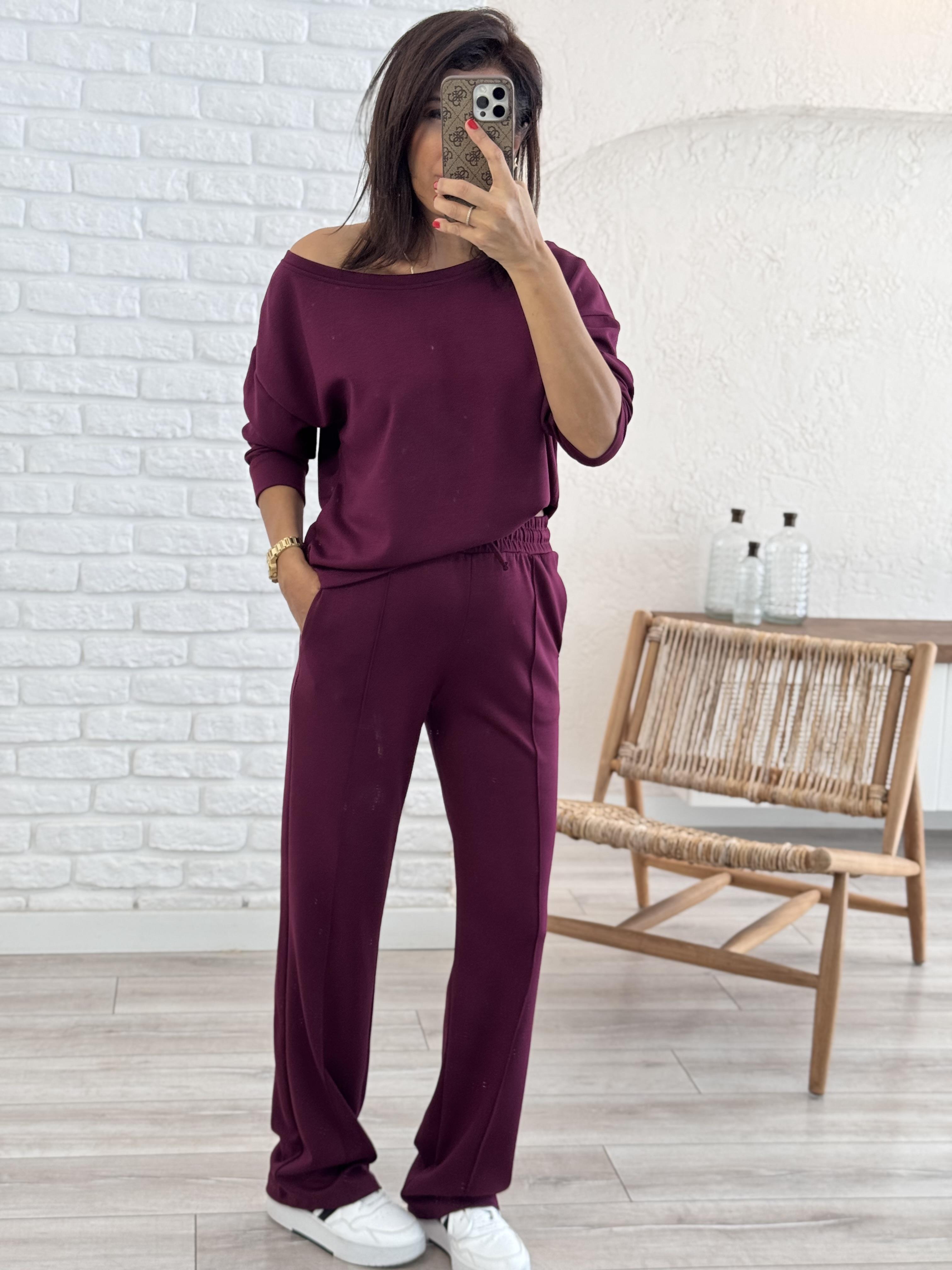 Kayık Yaka Ön Çımalı Palazzo Takım Bordo