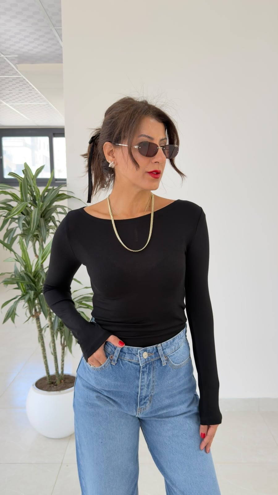 Kayık Yaka Uzun Kollu Basic Badi Siyah
