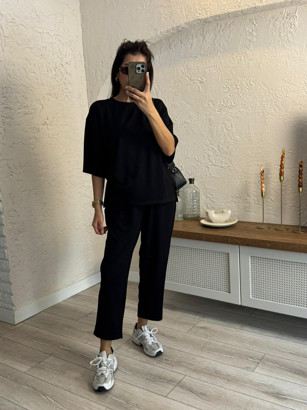 Kısa Kollu Yan Yırtmaçlı Şalvarlı Modal Takım Siyah