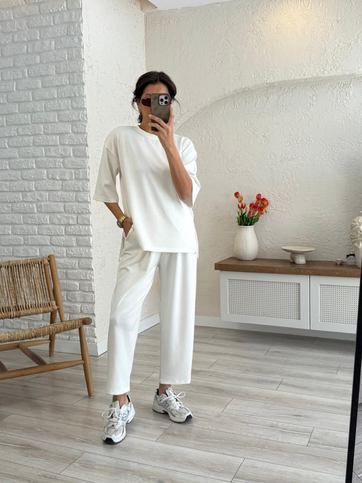 Kısa Kollu Yan Yırtmaçlı Şalvarlı Modal Takım Ekru