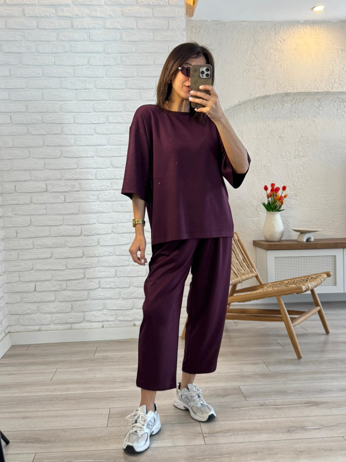 Kısa Kollu Yan Yırtmaçlı Şalvarlı Modal Takım Bordo