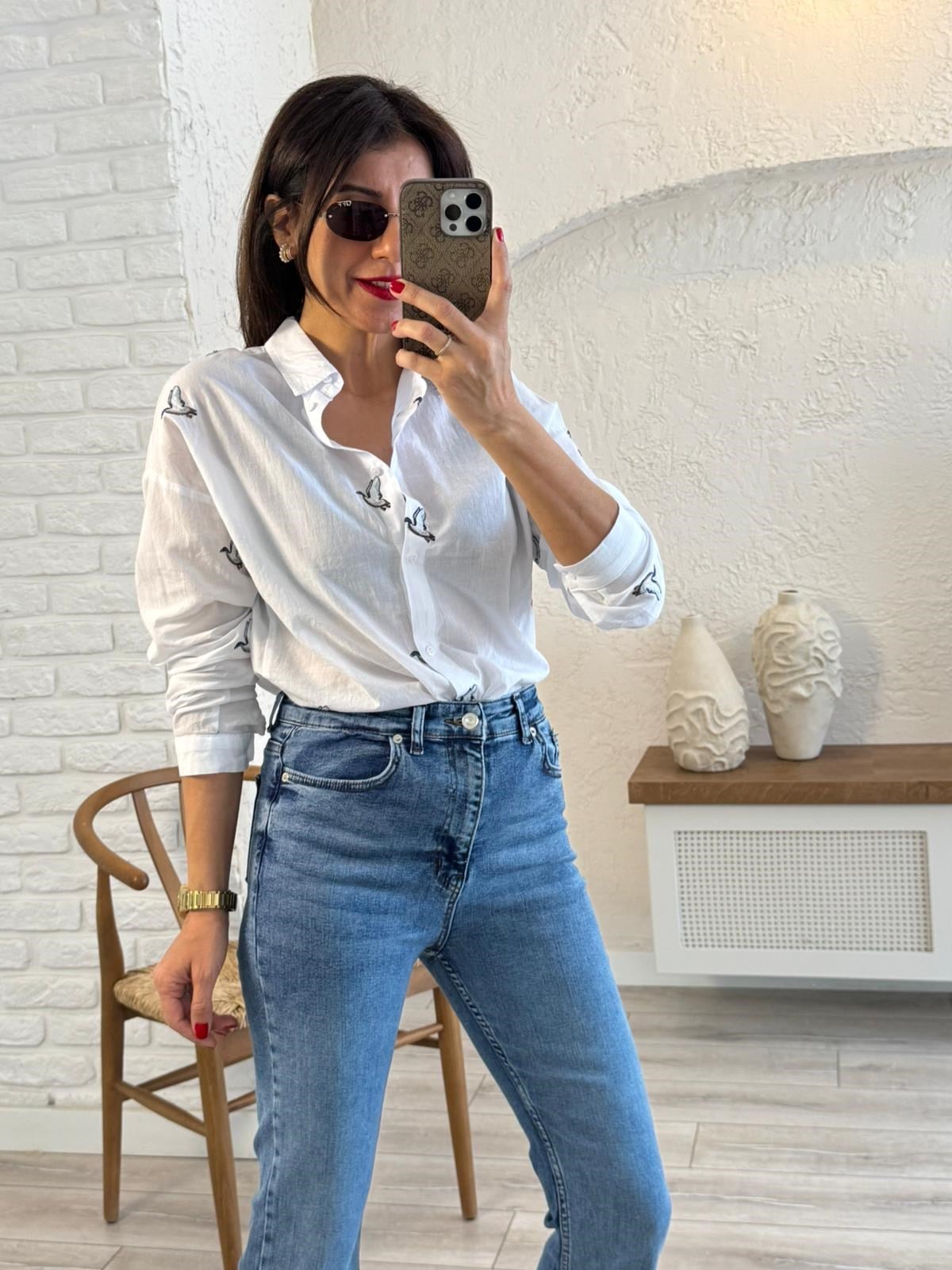 Kuş Nakışlı Pamuklu Gömlek Beyaz