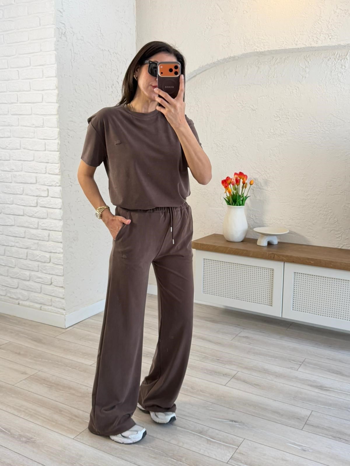 Lüx Kalite Bisiklet Yaka Palazzo Pantalonlu Takım Kahve 