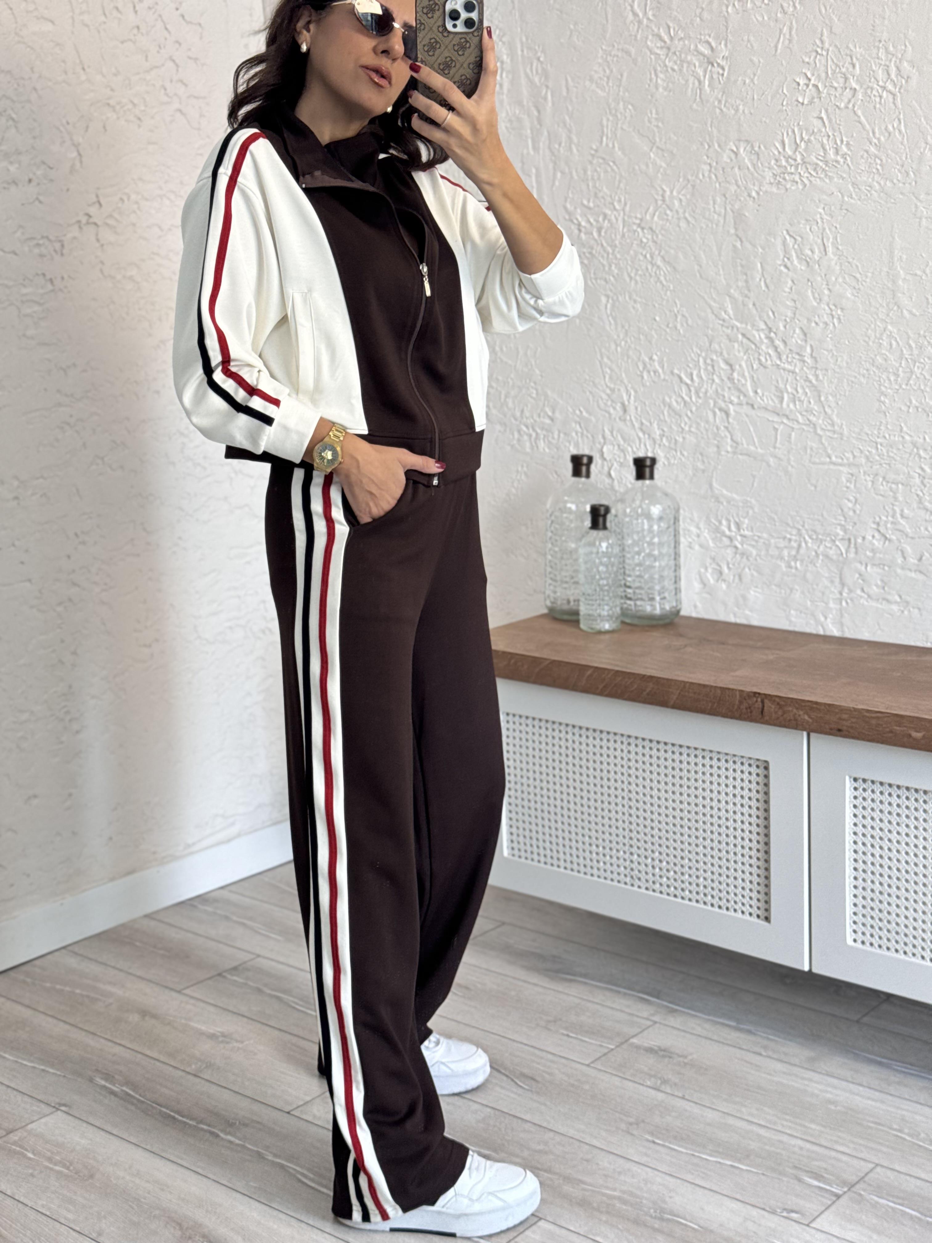 Lüx Kalite Şeritli  Ceketli Takım Acı Kahve