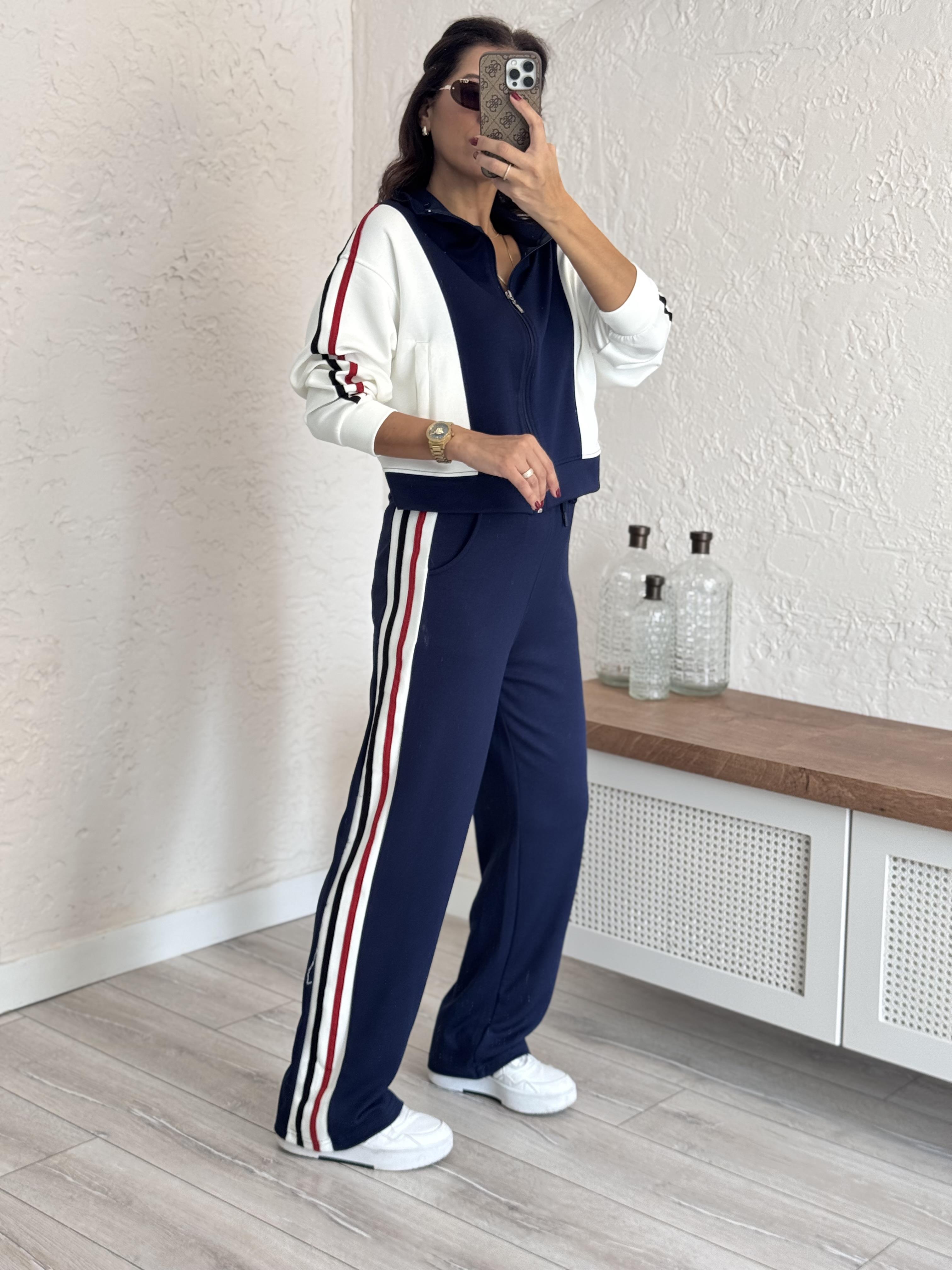 Lüx Kalite Şeritli Licralı Ceketli Takım Lacivert