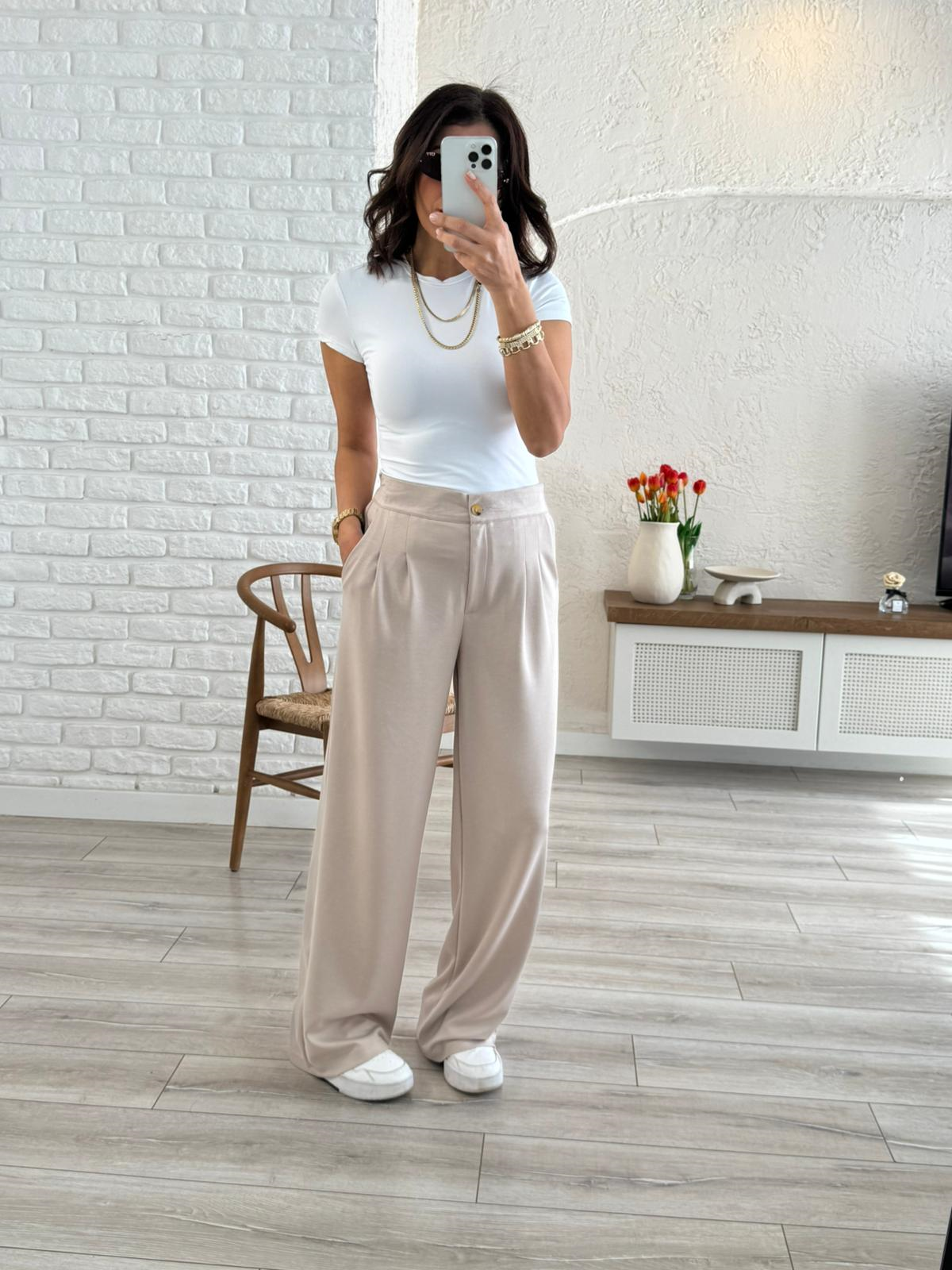 Lüx Modal Kumaş Arka Bel Lastikli Palazzo Bej