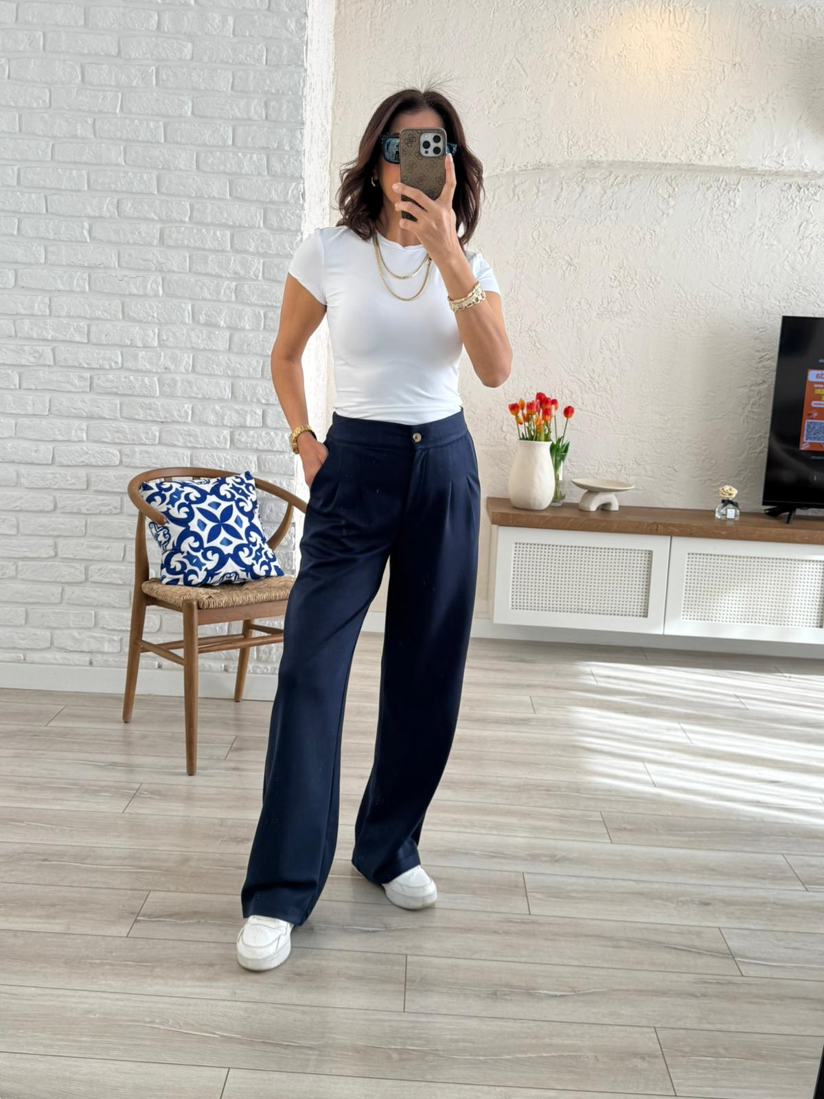 Lüx Modal Kumaş Arka Bel Lastikli Palazzo Lacivert