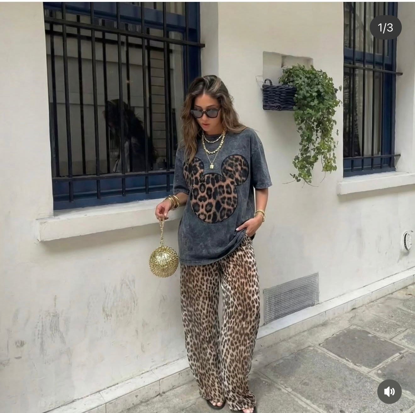 Mickey Leopar Baskılı Oversıze Tişört Eskitme Antrasit