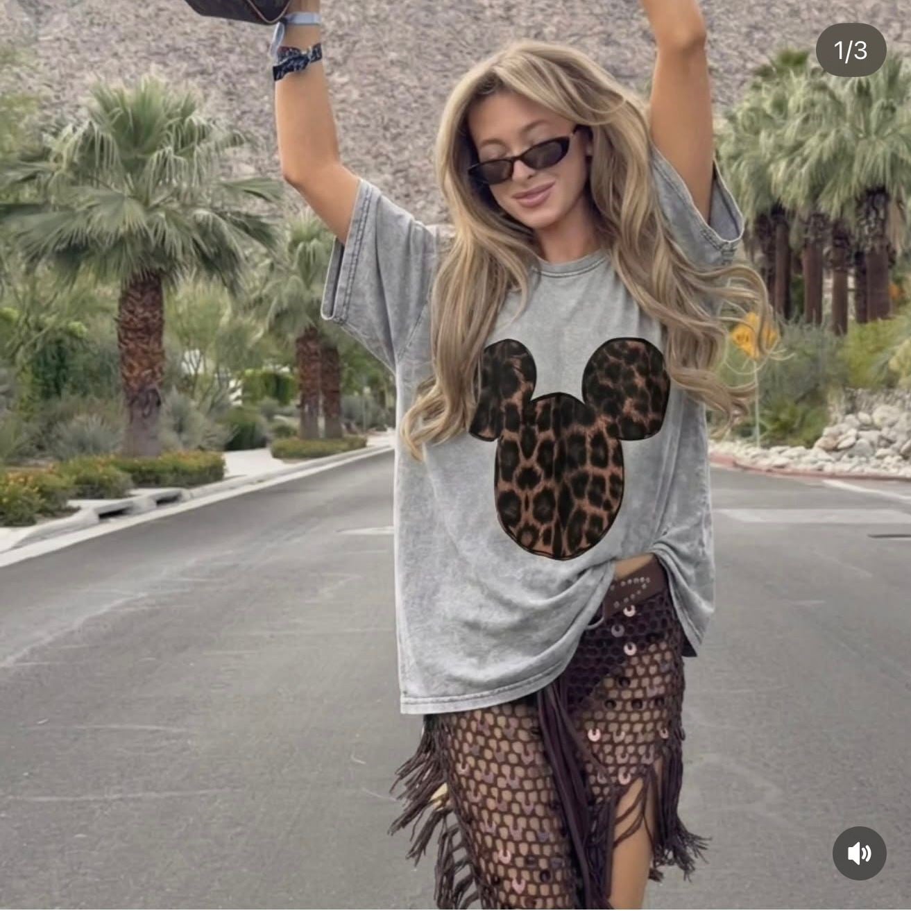 Mickey Leopar Baskılı Oversıze Tişört Eskitme Gri