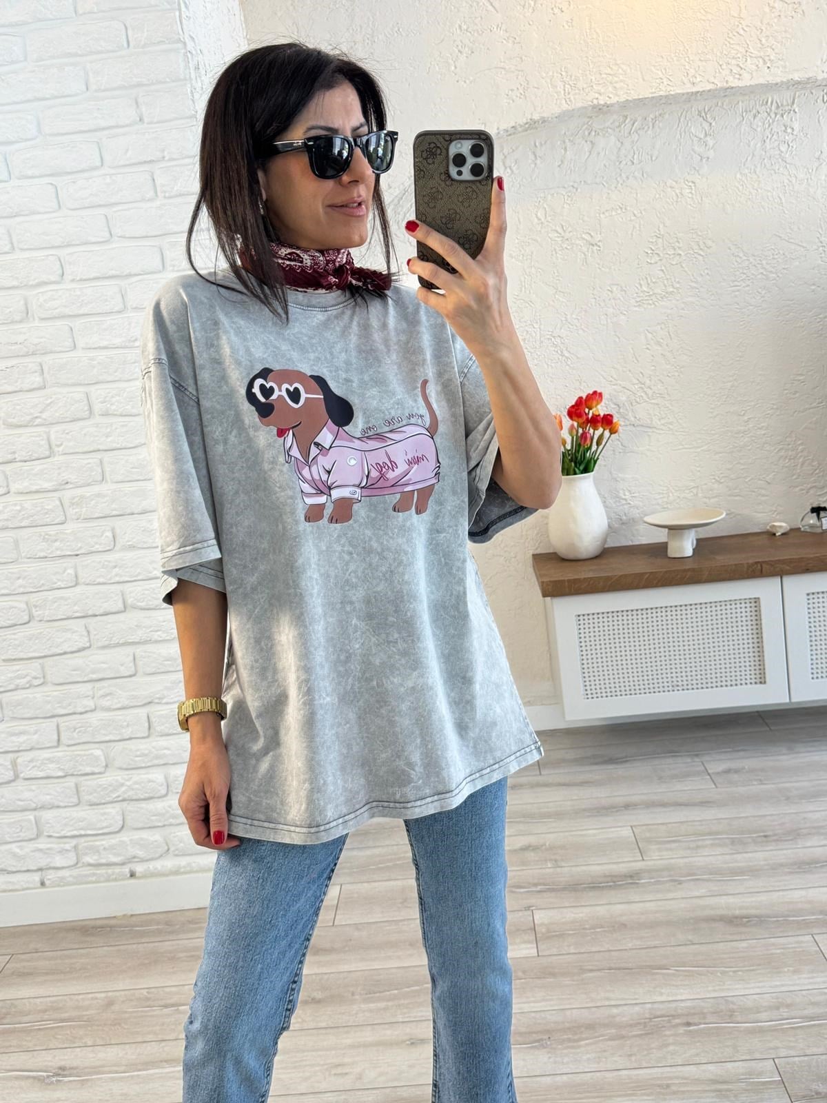Mini Dog Baskılı Oversize Tişört Gri
