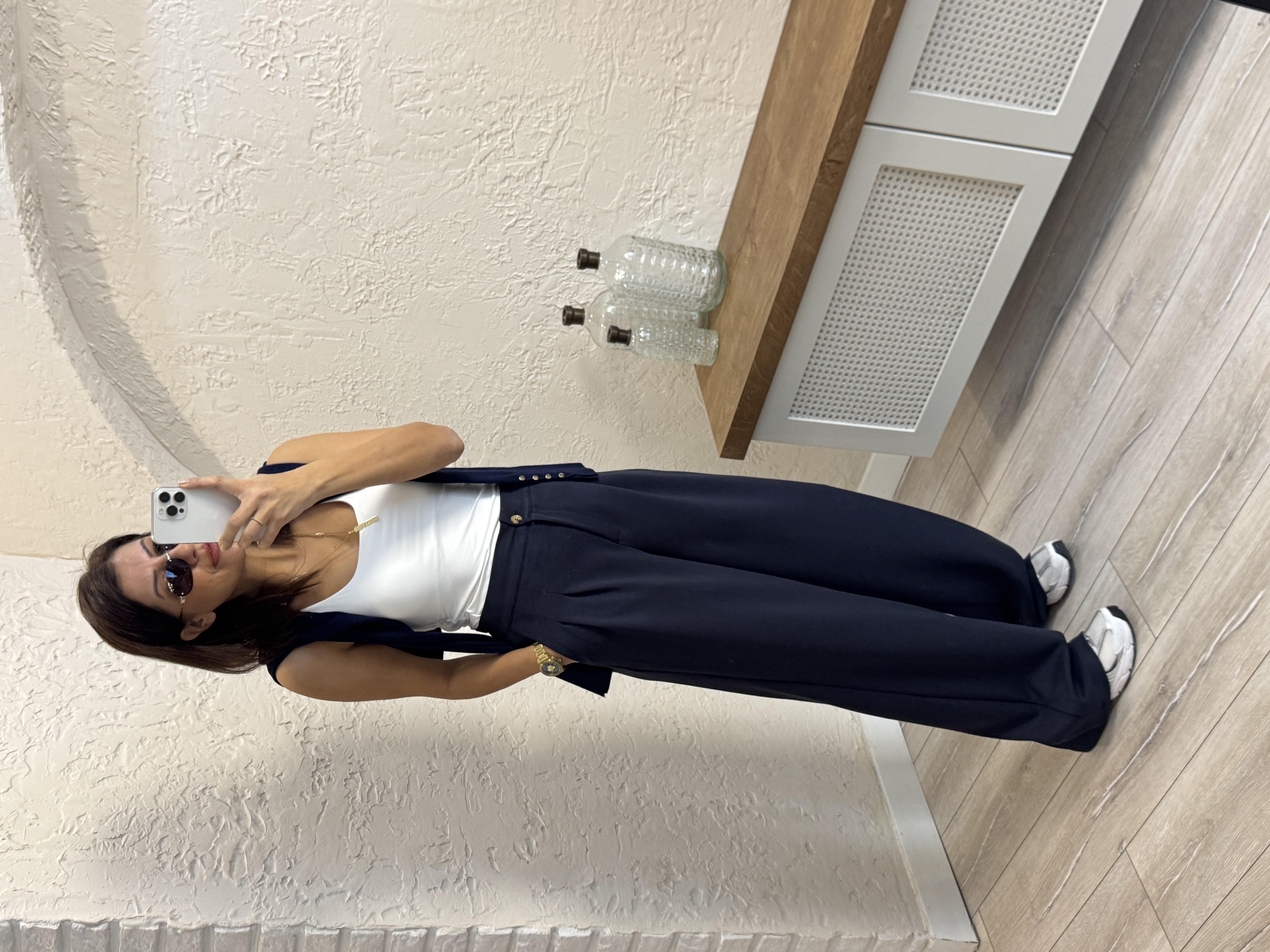 Modal Kumaş Arka Bel Lastikli Palazzo  Eskitme Lacivert