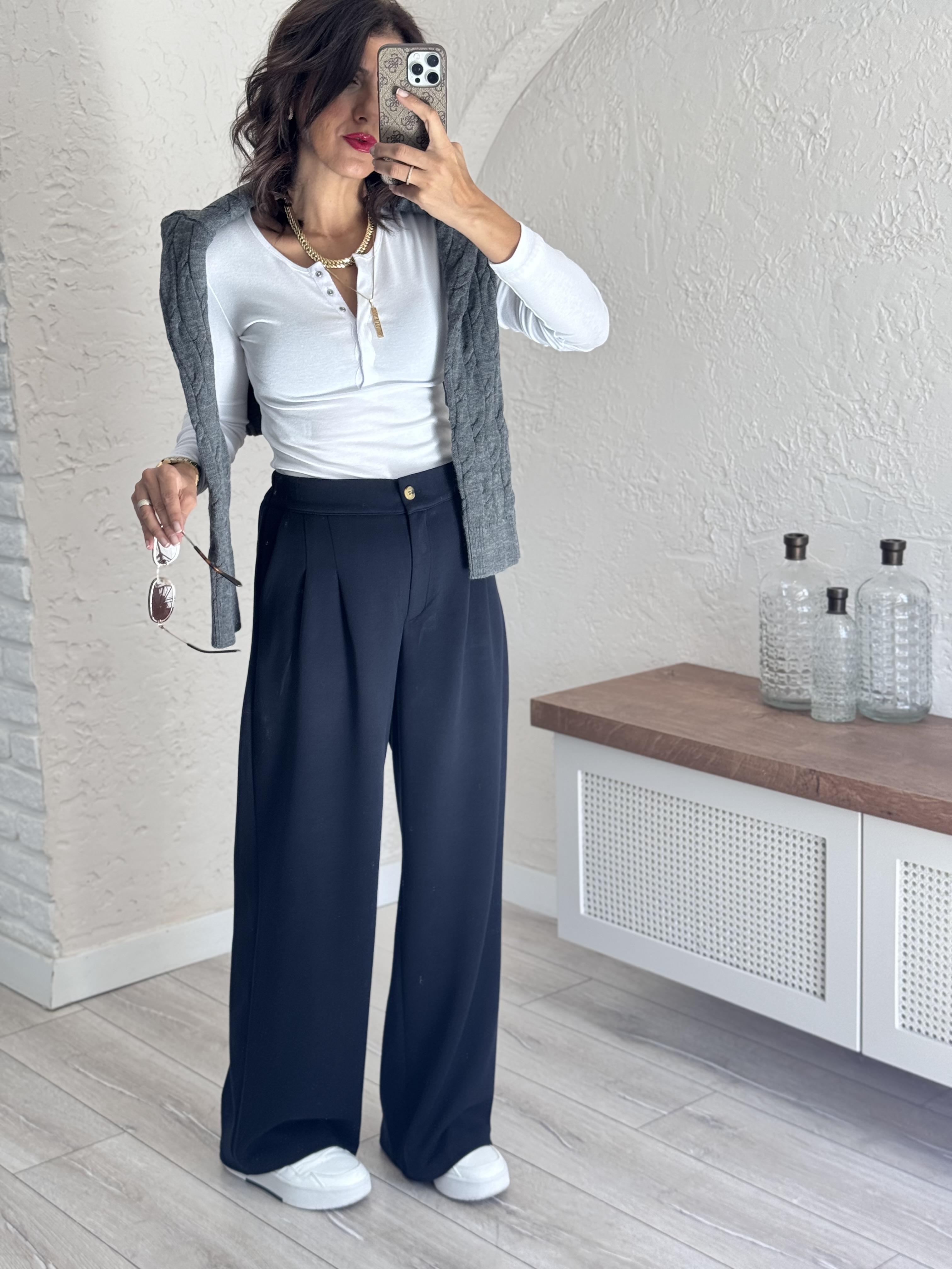 Modal Kumaş Arka Bel Lastikli Palazzo Lacivert