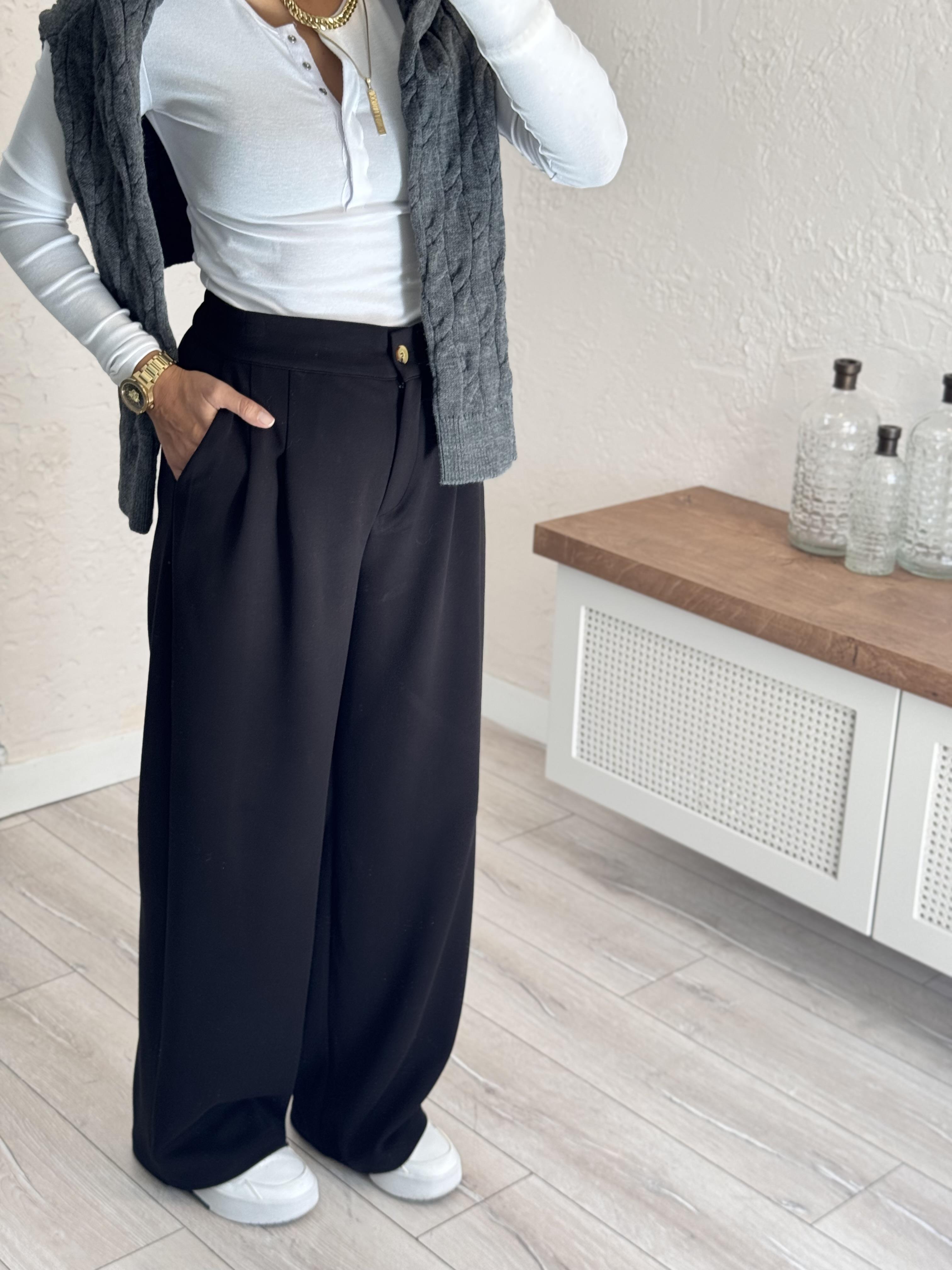 Modal Kumaş Arka Bel Lastikli Palazzo Siyah