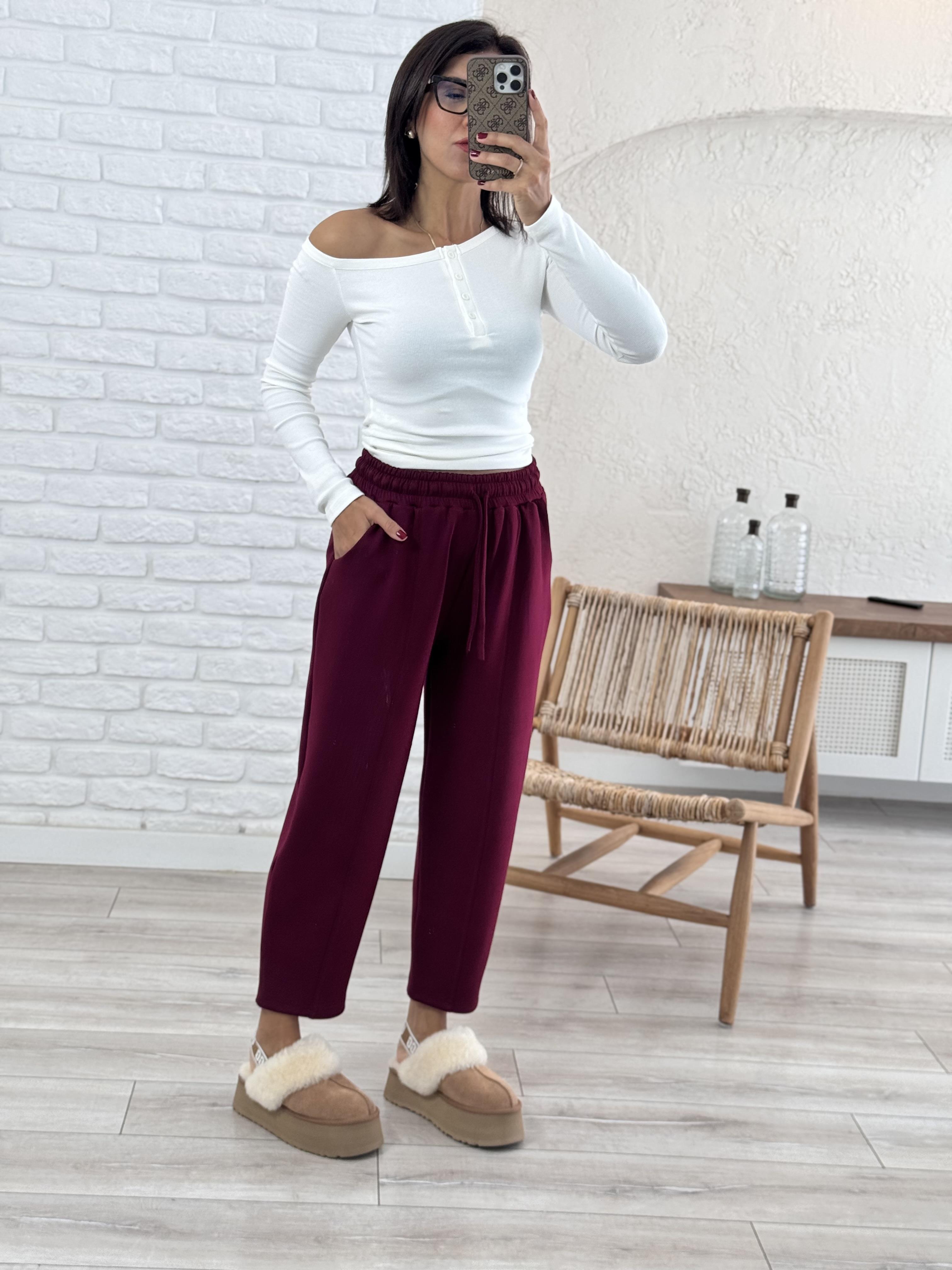 Modal Kumaş Biyeli Şalvar Pantolon Bordo