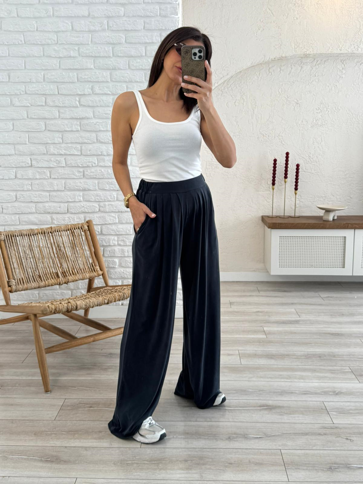 Modal Kumaş Pileli Geniş Paça Pantolon Eskitme Antrasit 