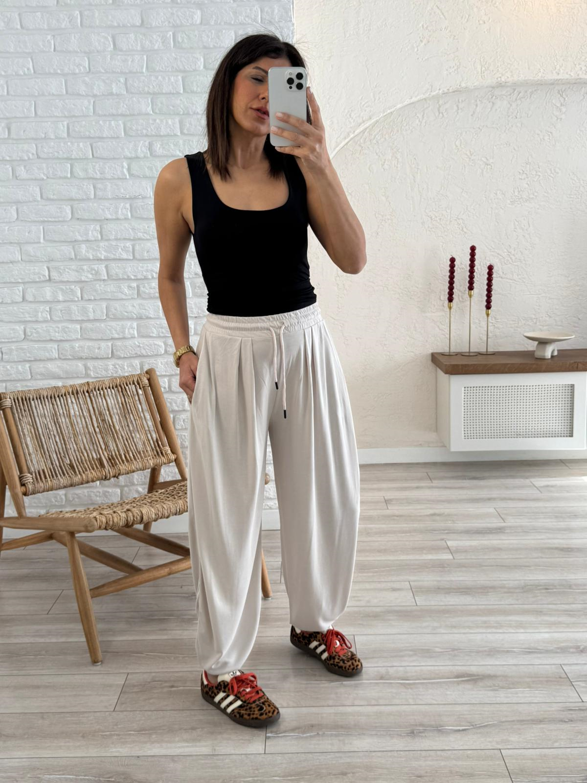 Modal Şalvar Pantolon Eskitme Bej 